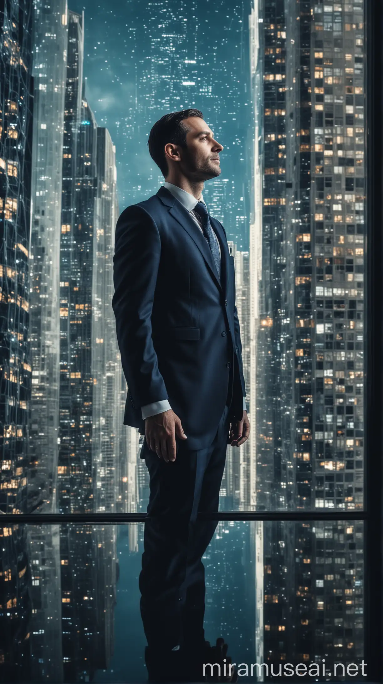 generate a film photo with reflection. of a an 40 year old man in a suit looking into the future and skyscapers. He is happy the future looks bright. window reflection. He is looking into a dark blue technological universe.
