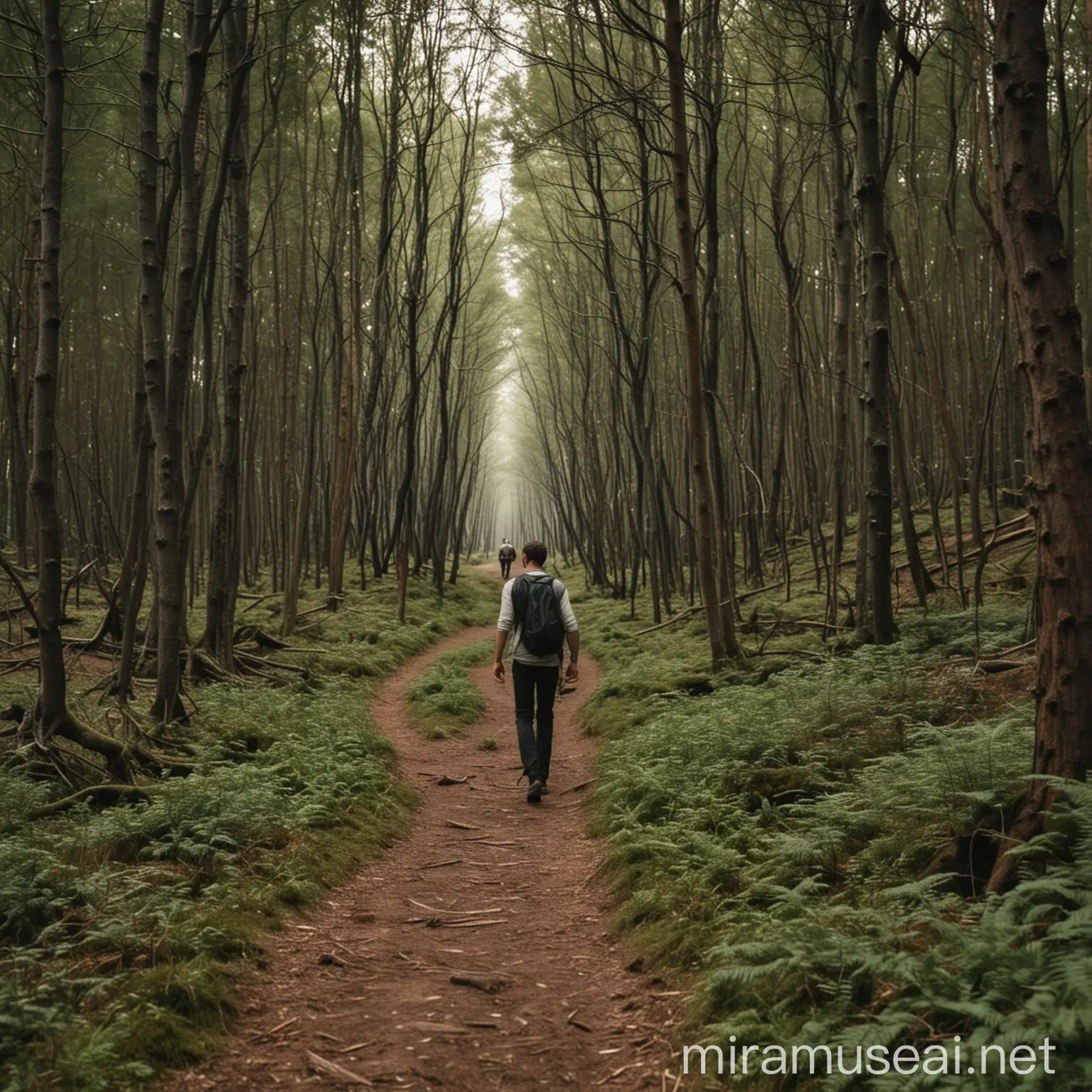 Solitary Man Strolling Amidst Lush Forest Canopy