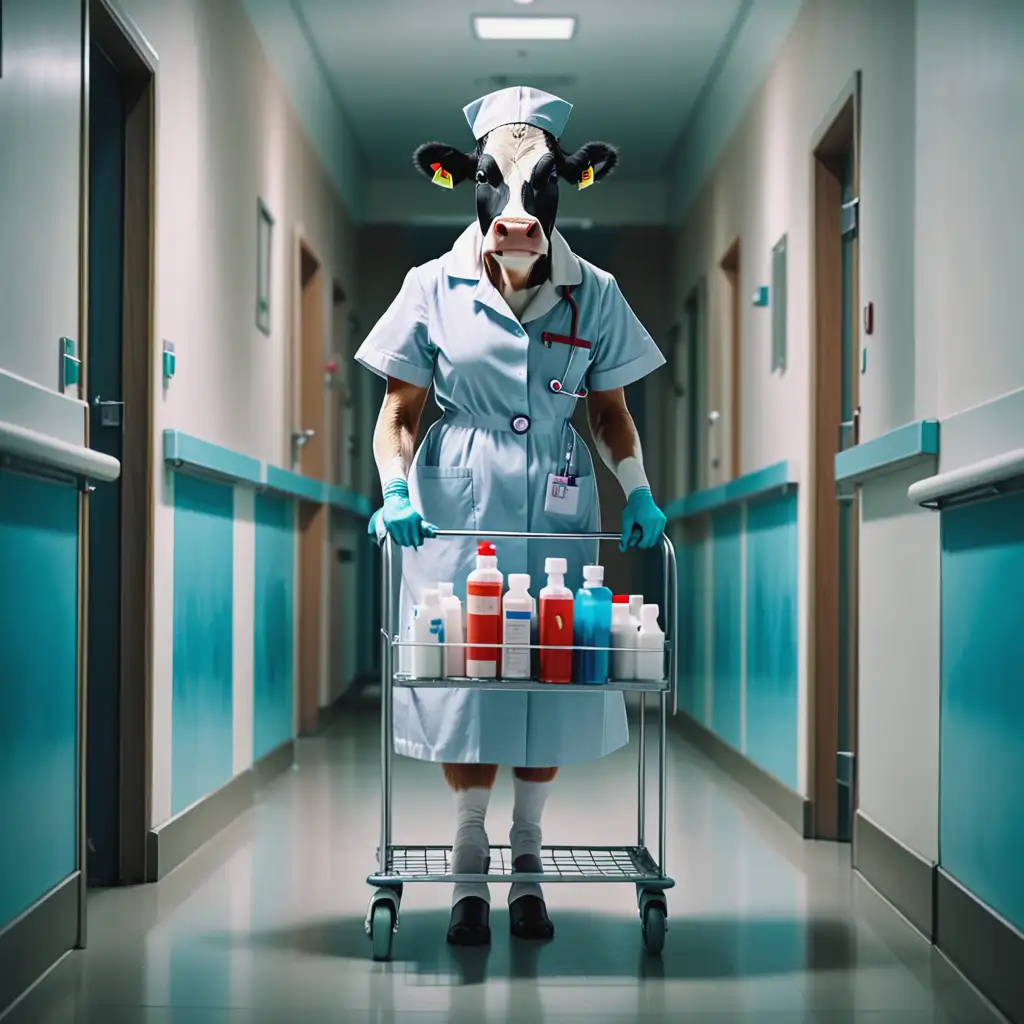 Une vache, habillée en infirmière, elle tient unune seringue, elle se tient debout sur ses pattes postérieures dans un couloir d'hôpital, elle pousse un chariot de médicaments et de divers produits médicaux, cinématique,

