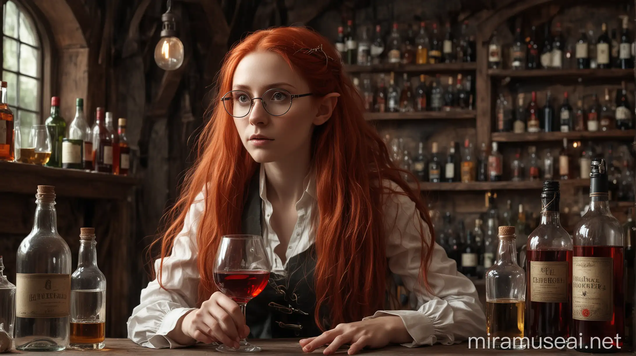 Dark Fantasy Elf Tavernkeeper Controlling Flying Glasses and Bottles of Alcohol