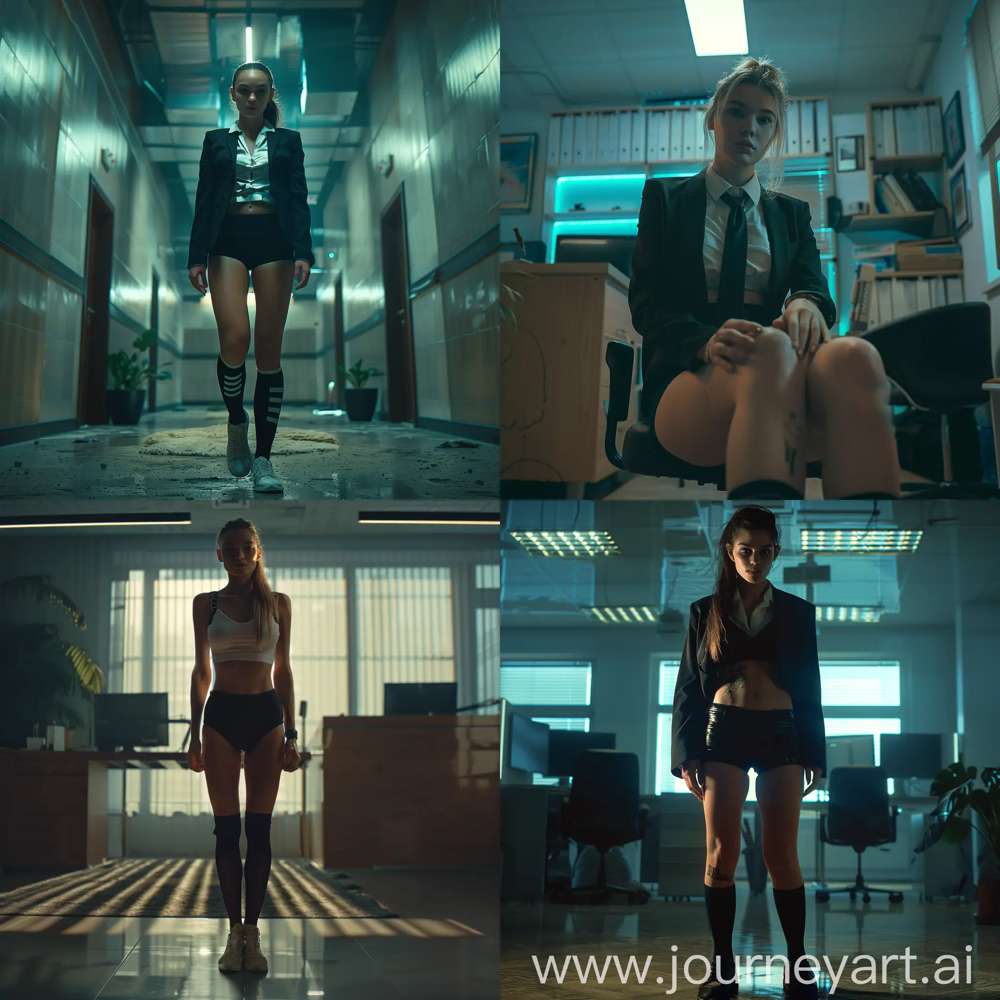 cinematic film. IT company office, reception zone. A young muscular woman in (formal suit jaket, black shorts, adidas black overkneesocks, dirty, noisy, very detailed, hd