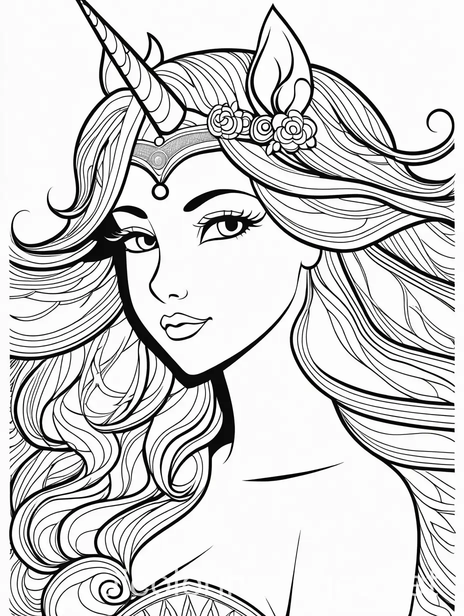 detailed coloring page of unicorn princess, its based off the concept for fun and its something a professional artist would color, Coloring Page, black and white, line art, white background, Simplicity, White Space, The background of the coloring page is plain white to make it easy for young children to color within the lines. The outlines of all the subjects are easy to distinguish, making it simple for kids to color without too much difficulty, Coloring Page, black and white, line art, white background, Simplicity, Ample White Space. The background of the coloring page is plain white to make it easy for young children to color within the lines. The outlines of all the subjects are easy to distinguish, making it simple for kids to color without too much difficulty