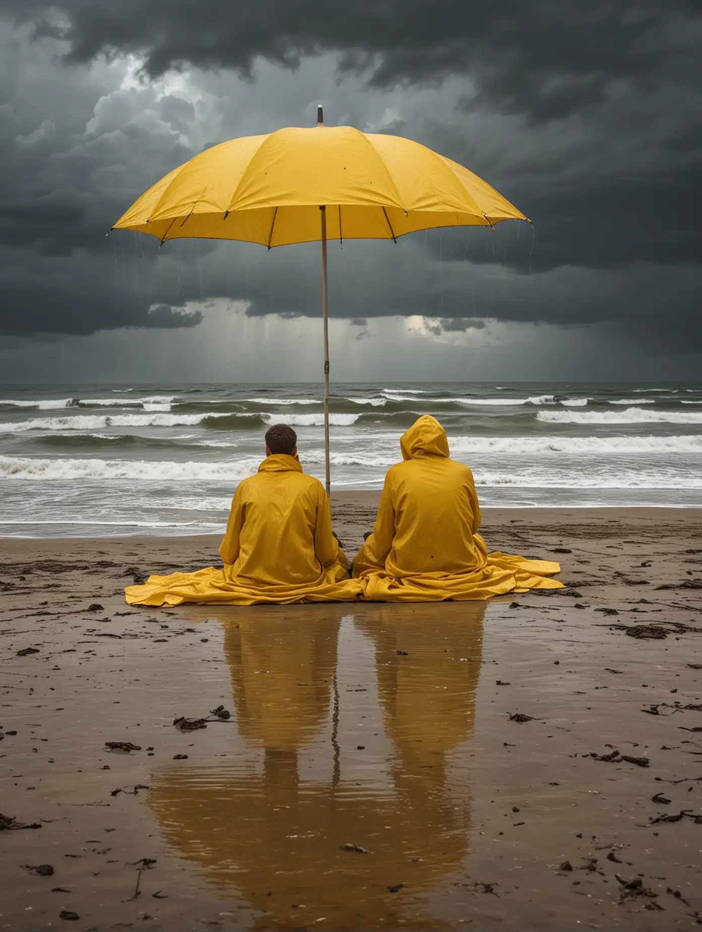 a couple in yellow oilskins, sitting on the beach, under a big umbrella, a plastic tarp laid out on the sand, it's pouring rain, Brittany sea setting, gray, threatening sky, storm and lightning, photography, realistic