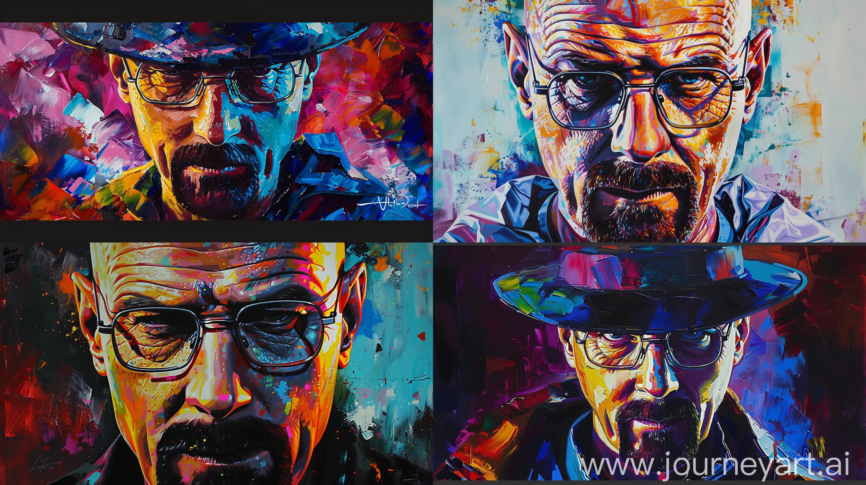 oil painting of heisenberg of breaking bad in star wars style with a color palette of bright moody color. There are also touches of bright skin tone --ar 16:9 --c 5
