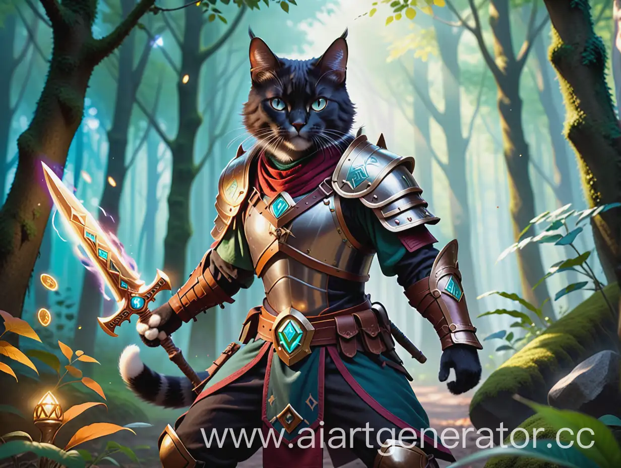 кот брюнет боевой с руническими доспехами и амулетами, на фоне волшебного леса. 