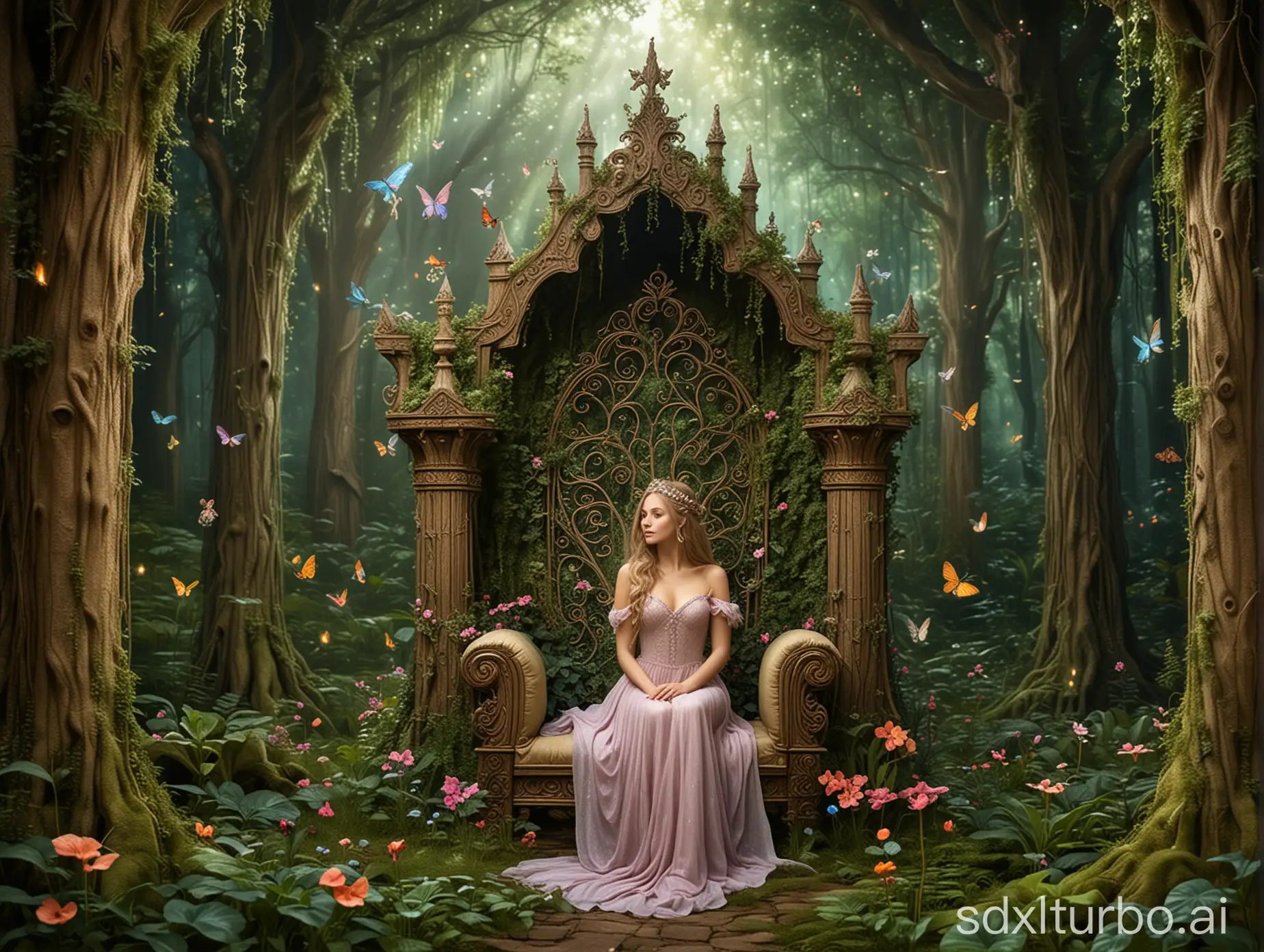 a fairy in an enchanted forest and Fairy Palace and on so beautiful big throne.