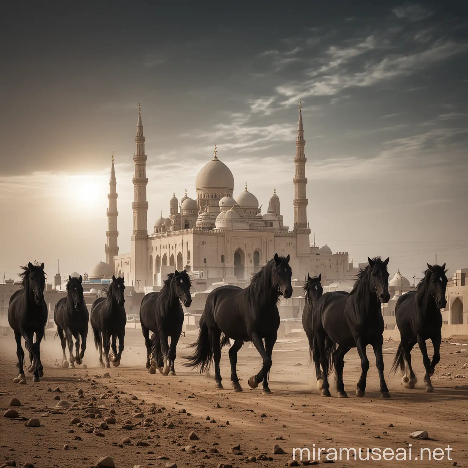 Black Horses Approaching Distant Mosque