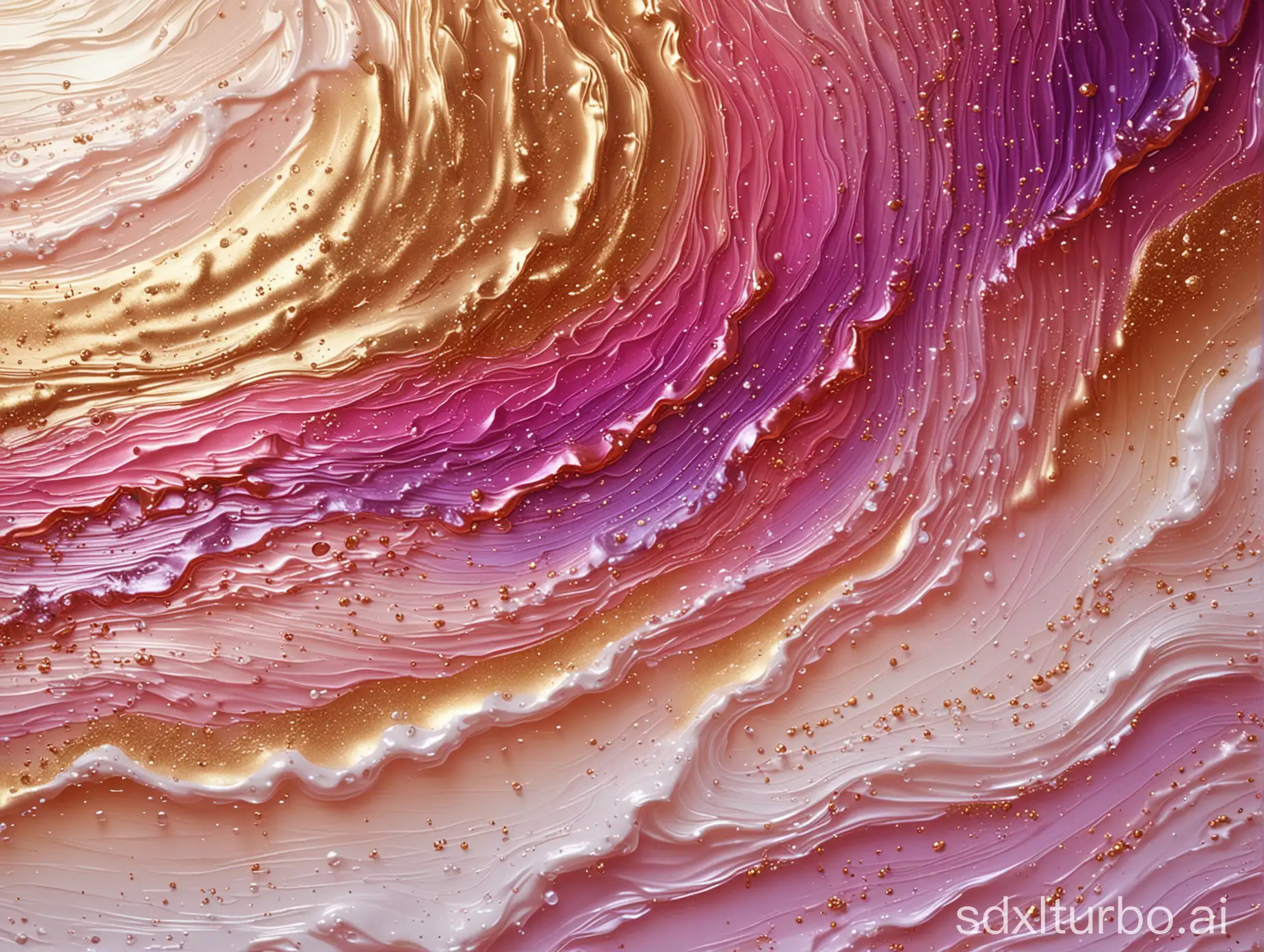 purple water, shimmering waves, pink and gold gradient background, top view, crystal clear, P-hand style interlocking painting style, fantasy art style, shiny/glossy, light shades of white and deep red, high resolution, shiny/glittery, flowing liquid, detailed microscopic scenes. The best quality of light is realistic, the best detail.