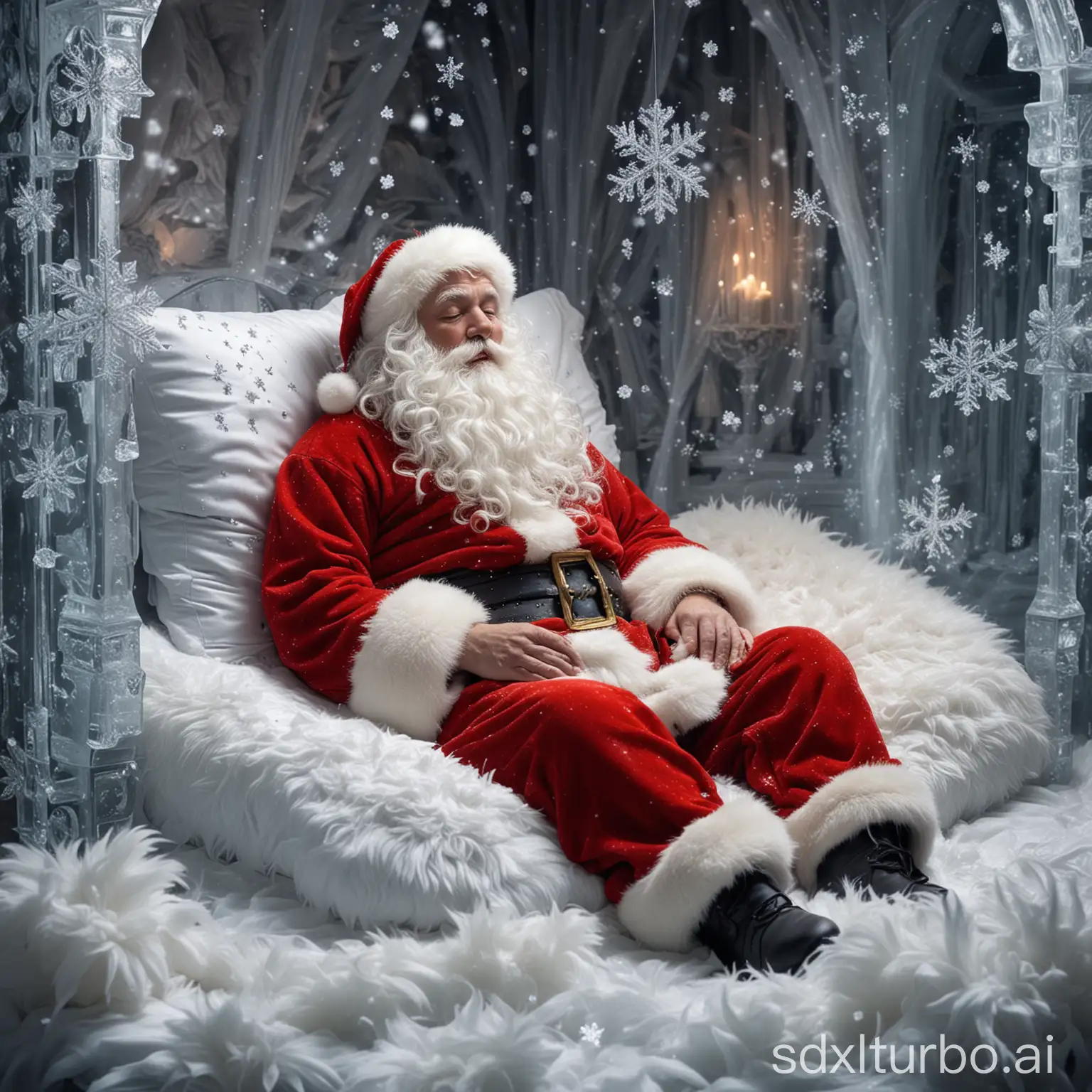 Santa Claus schläft tief in seinem prachtvollen, funkelnden Palast aus Eis. Glitzernde Schneeflocken schweben um ihn herum, während er in ein dickes, flauschiges Fell eingewickelt ist.