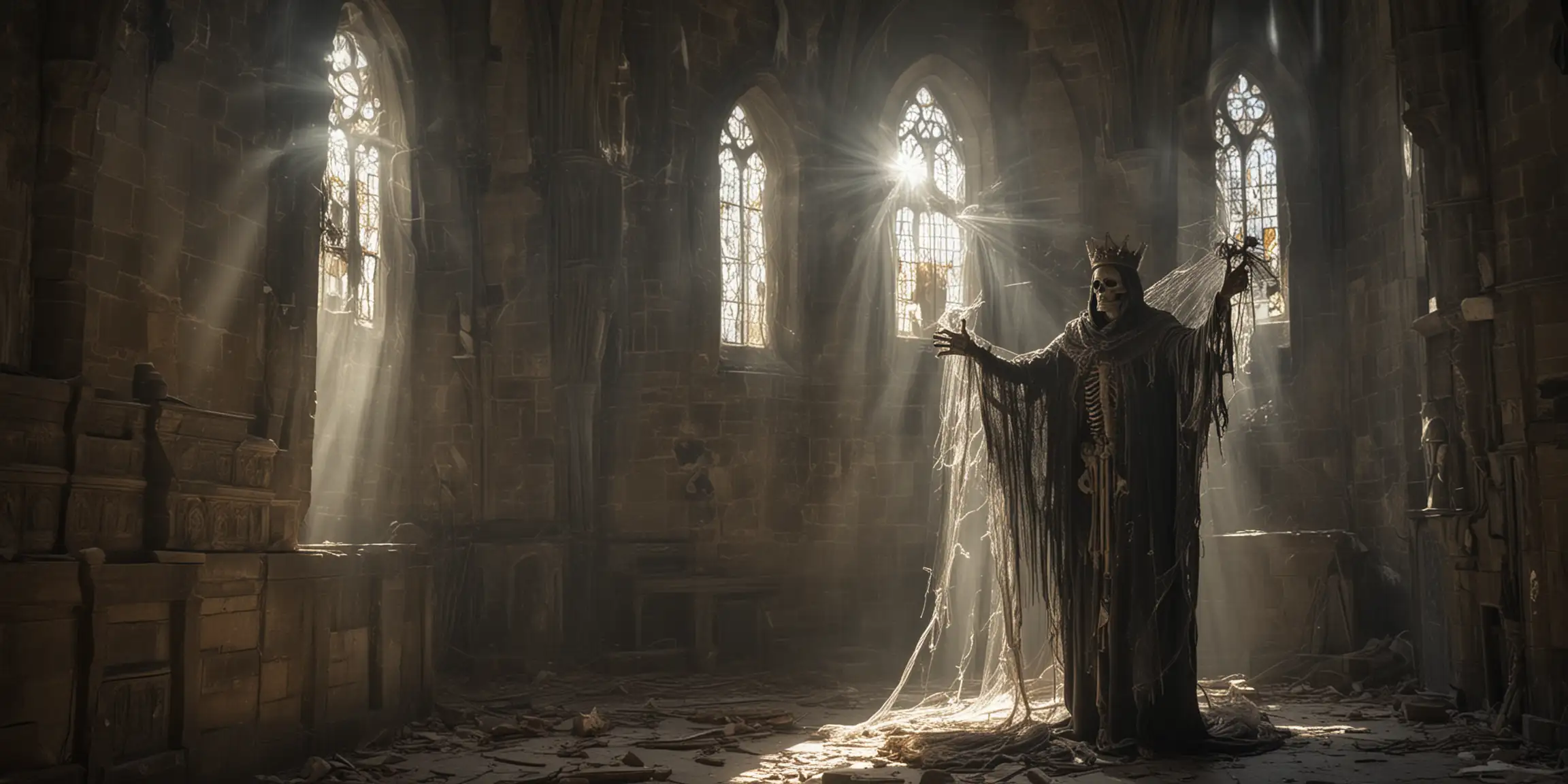 Skeleton king, robe, cobwebs, old, breaking, old church, ray of light