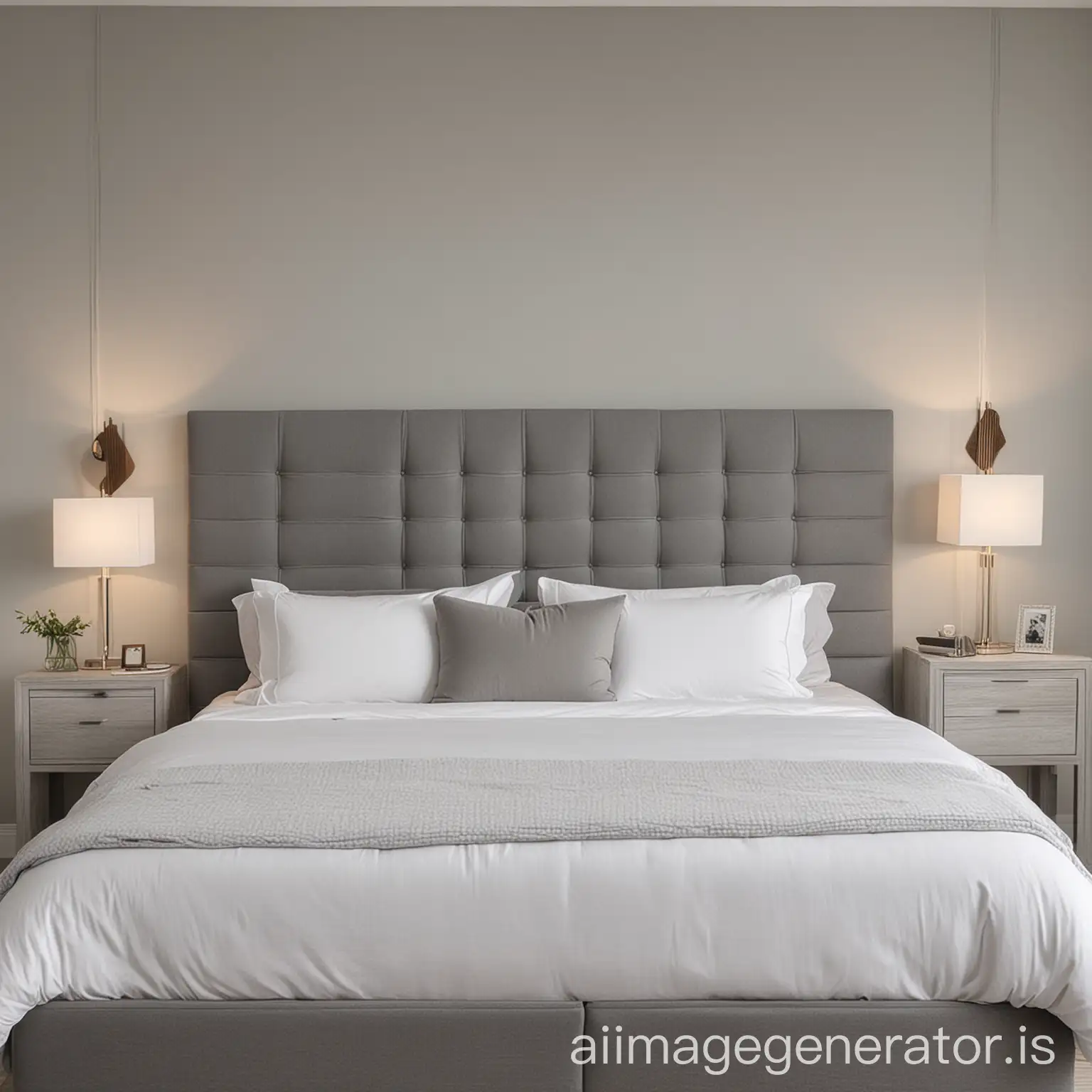 King size White bed with grey rectangular headboard and side tables against large blank wall