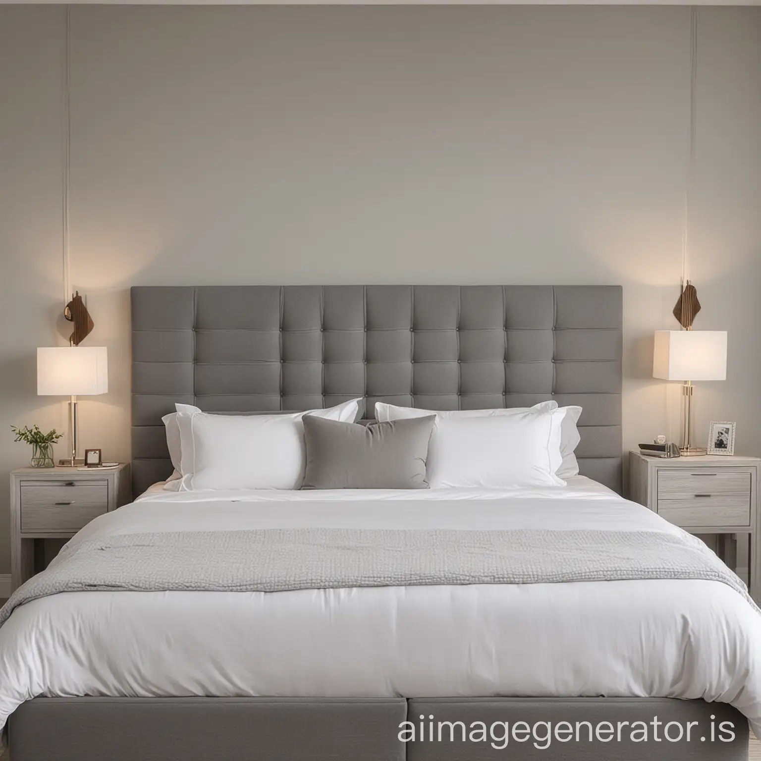 King size White bed with grey rectangular headboard and side tables against large blank wall
