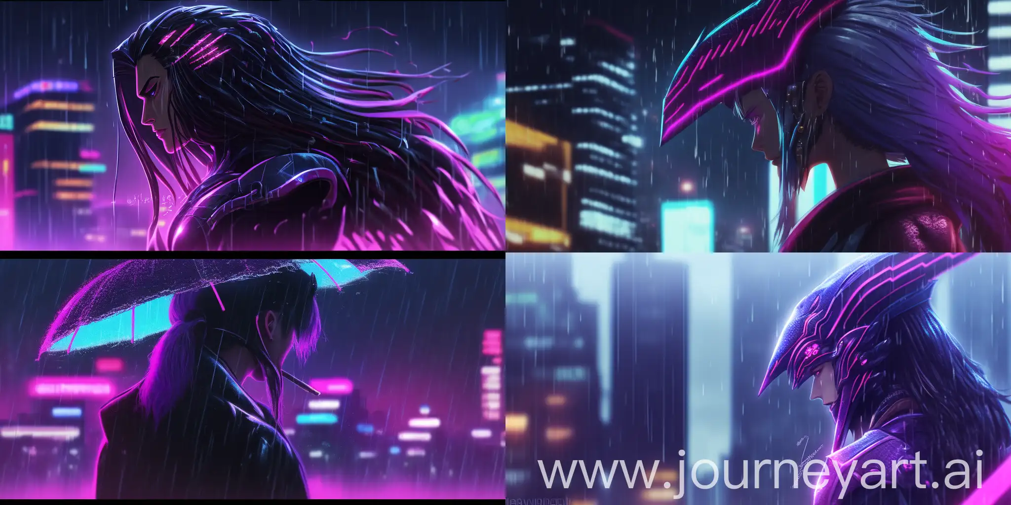 Sephirot in the rain side profile in the city, in the style of synthwave, magenta and cyan, extremely detailed art, rebecca sugar, shiny/glossy, hyper-detailed illustrations --ar 2:1