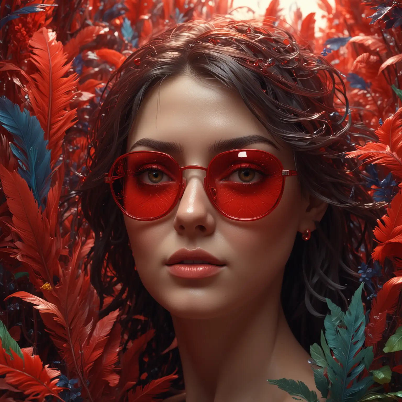 (masterpiece, best quality:1.4),( absurdres, high resolution, ultra detailed:1.2) {an abstract, total realistic beautiful woman in glasses, image of a red artwork, in the style of lush and detailed, dramatic shading, colorful layered forms, detailed feather rendering, nature-inspired compositions, futuristic chromatic waves, intricate foliage}, fantasy art, cinema 4d, matte painting, polished, beautiful, colorful, intricate, eldritch, ethereal, vibrant, surrealism, surrealism, vray, nvdia ray tracing, cryengine, magical, 4k, 8k, masterpiece, crystal, romanticism