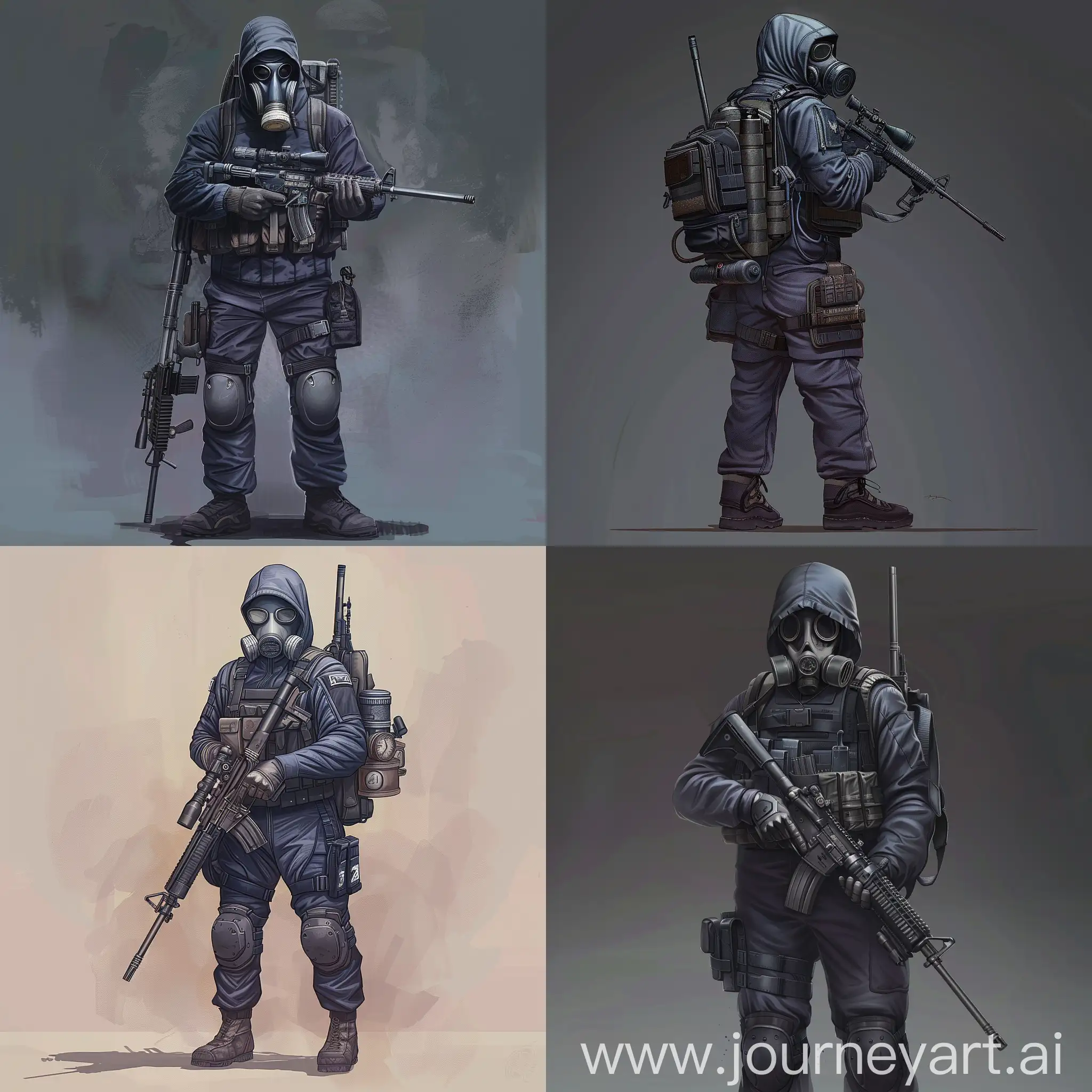 Digital character art, concept game art, mercenary, STALKER game, dark purple military jumpsuit, gasmask on face, small military backpack, military unloading on his body, sniper rifle in his hands.