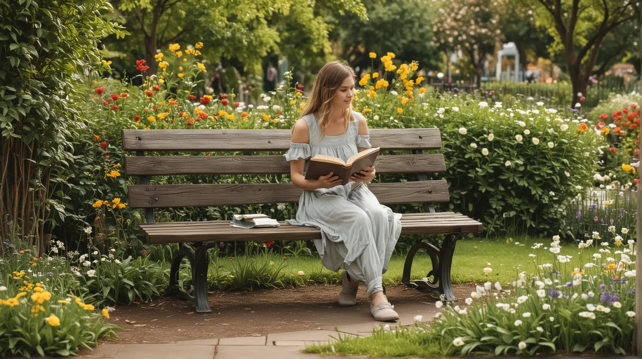 en vacker trädgård med en flicka sittande på en parkbänk och läser en bok