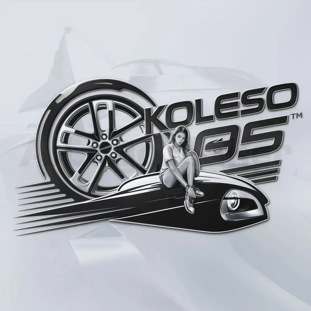 a logo design,with the text "Koleso E95", main symbol:Automobile, girl on hood,complex,be used in Automotive industry,clear background