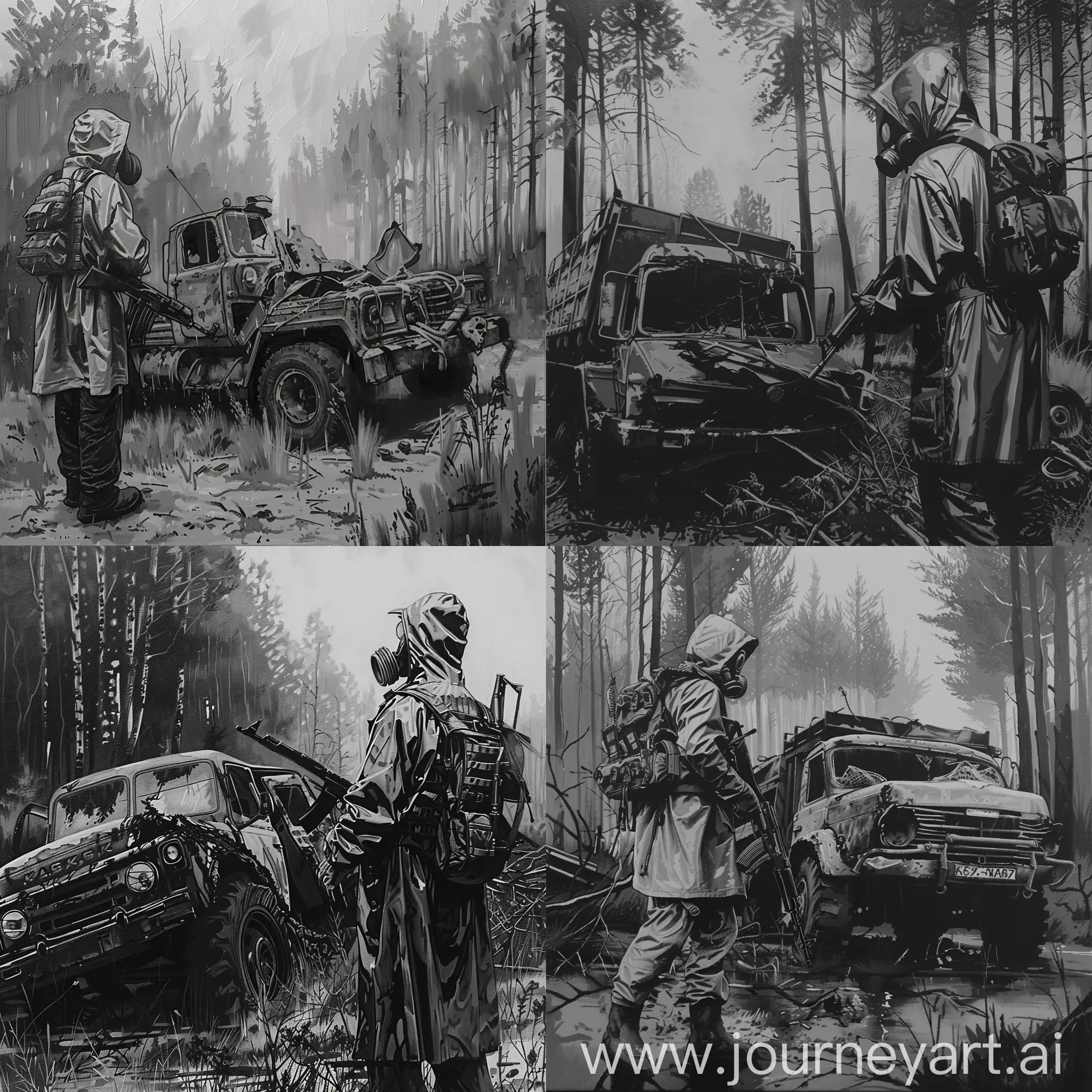 Black and white style, oil painting, stalker in a raincoat, military bulletproof vest and unloading on the raincoat, gas mask, AK-47 in his hands, a small backpack on his back, stalker stands in the middle of the radioactive Chernobyl forest next to an overturned and completely destroyed Soviet Kamaz truck.