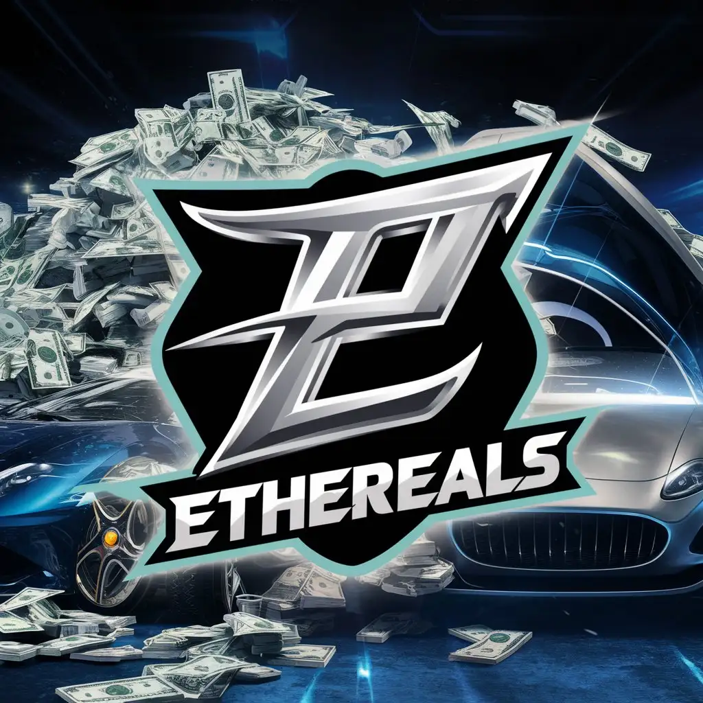 Logo for ETHEREALS (name of team) with money and cars