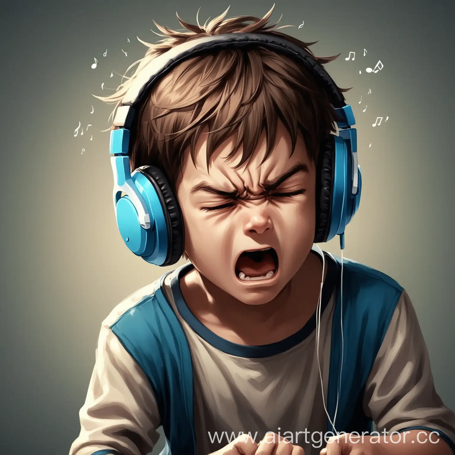 создай картинку с мальчиком, который немного расстроен из-за чего-то и слушает музыку в наушниках