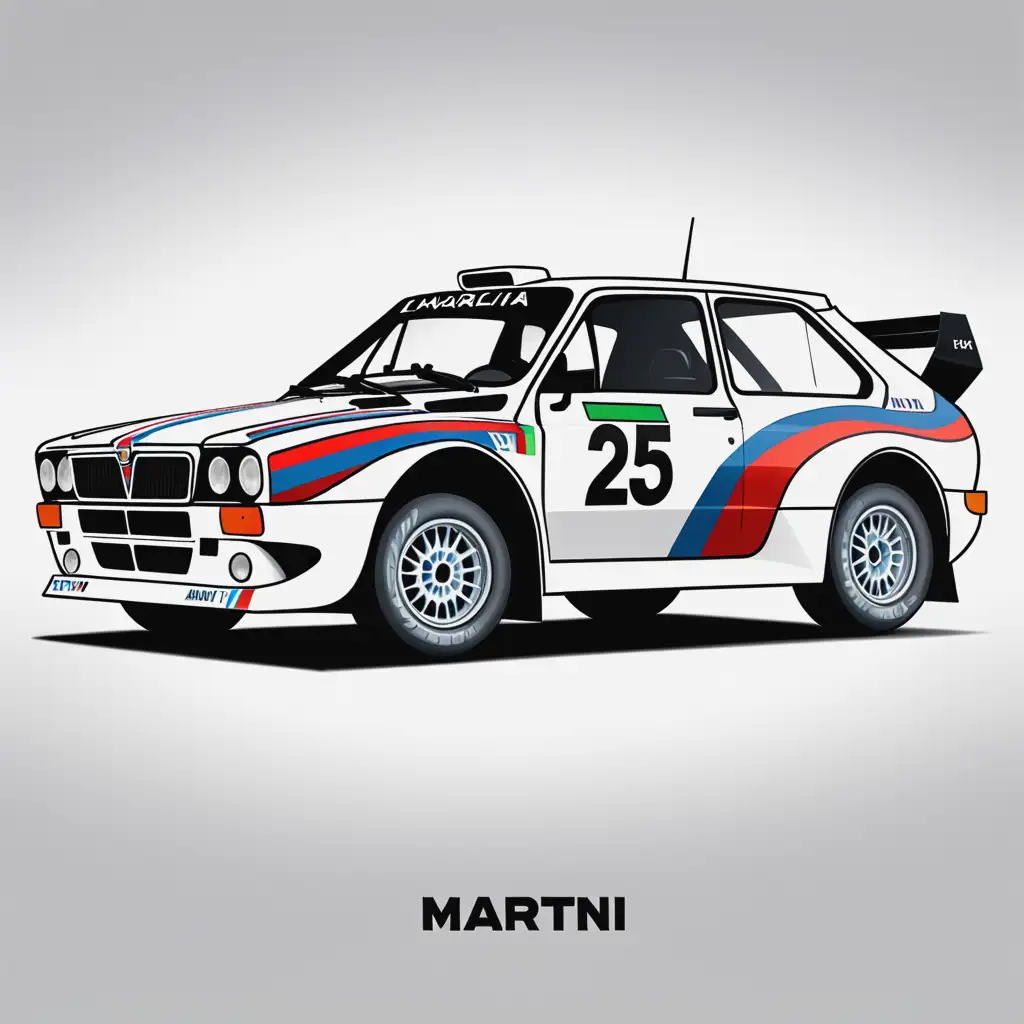 Disegna un auto da rally simile alla Lancia Delta con il numero 25 sulle fiancate, la macchina deve essere bianca ed avere la livrea Martini come la Lancia da rally
