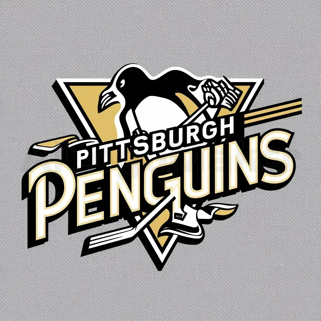 a logo design,with the text "Pittsburgh Penguins", main symbol:A 3d golden yellow triangle with the wordmark 'Pittsburgh Penguins' in a 3d 1930s title card font in black text in front of the triangle with the Penguins eyes on the wordmark.,Moderate,clear background
