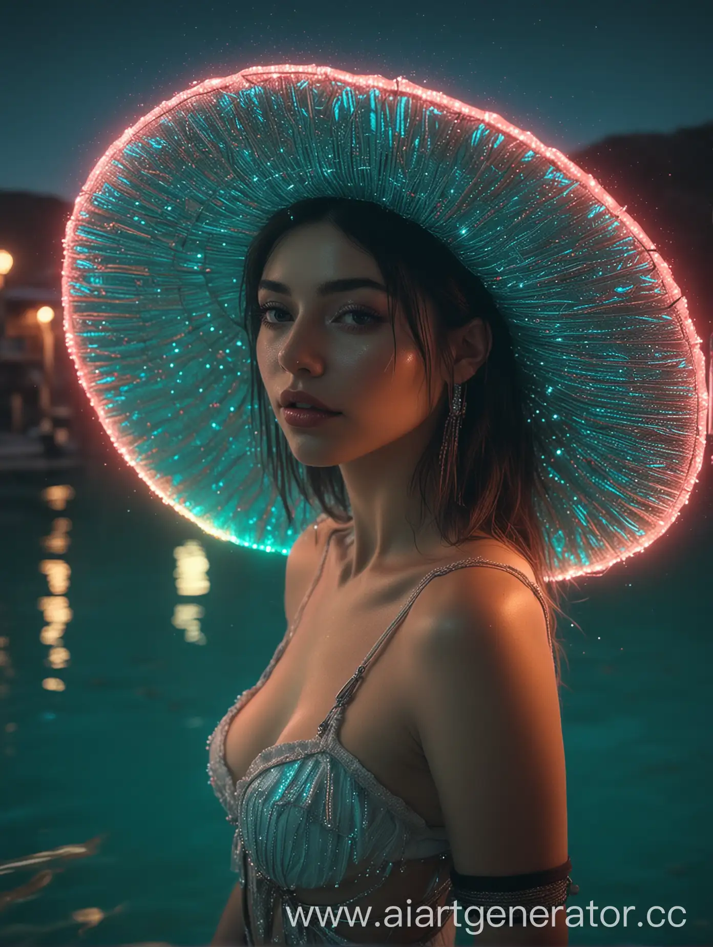 Beautiful soft cyberpunk woman in a sombrero on a turquoise lake, cinematic effect, realism of details, delicate neon lights, glitter