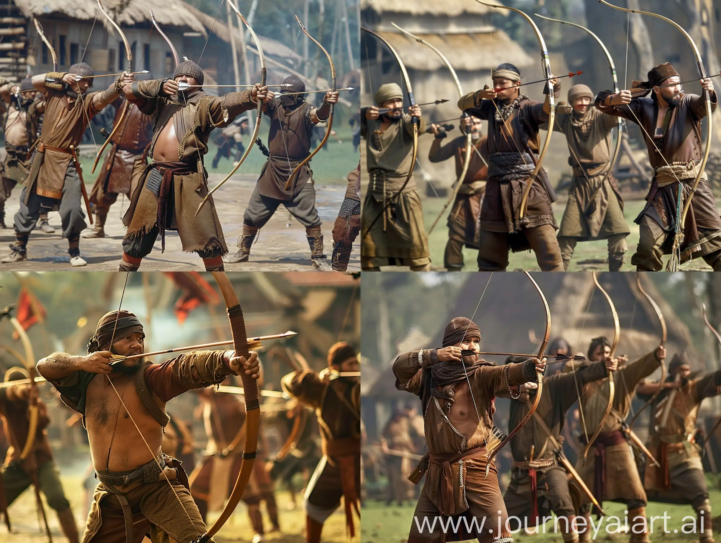 Indonesian-Majapahit-Royal-Archers-in-Full-Regalia-Aiming-Arrow-Weapons