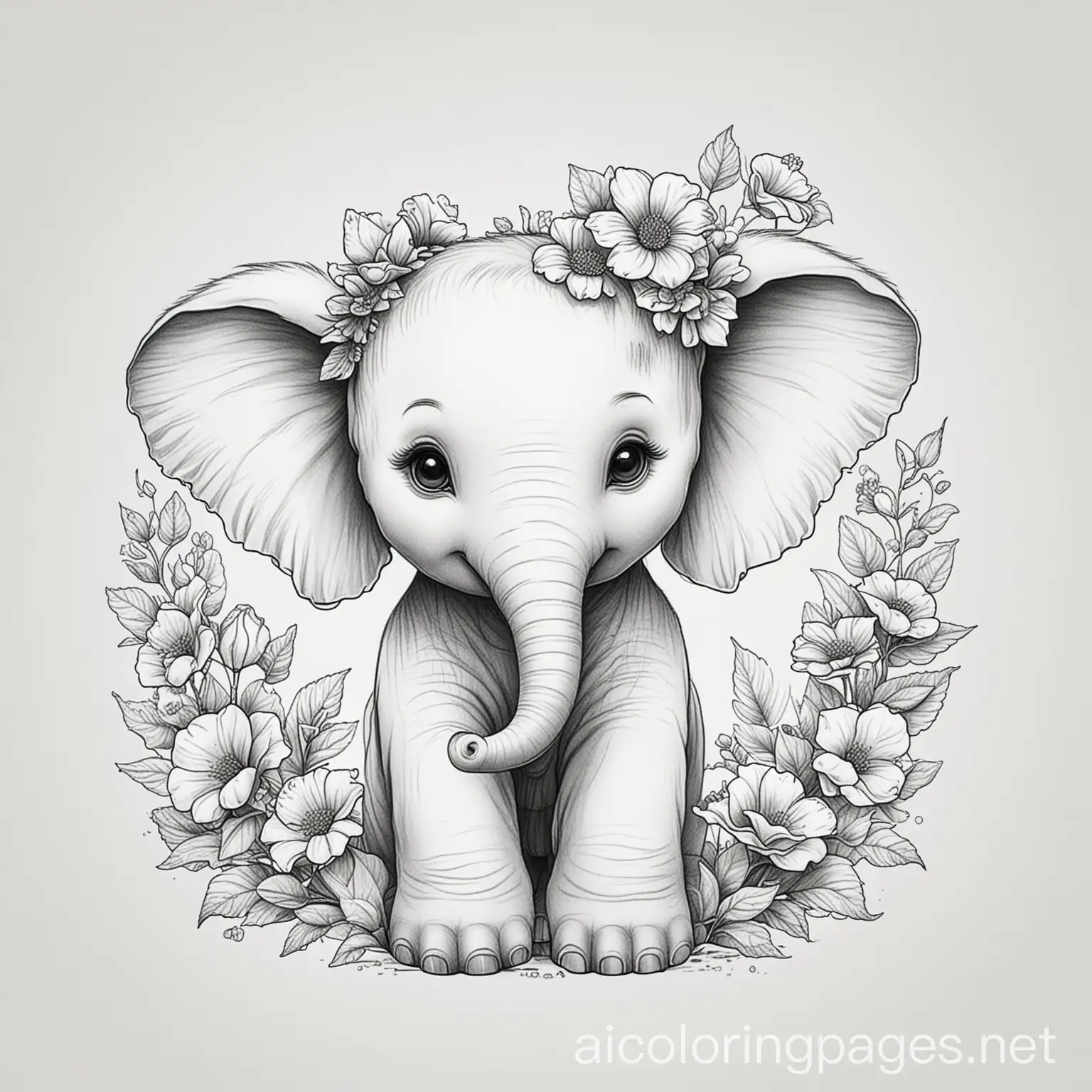 baby girl elephant with flowers for nursery, Coloring Page, black and white, line art, white background, Simplicity, Ample White Space. The background of the coloring page is plain white to make it easy for young children to color within the lines. The outlines of all the subjects are easy to distinguish, making it simple for kids to color without too much difficulty