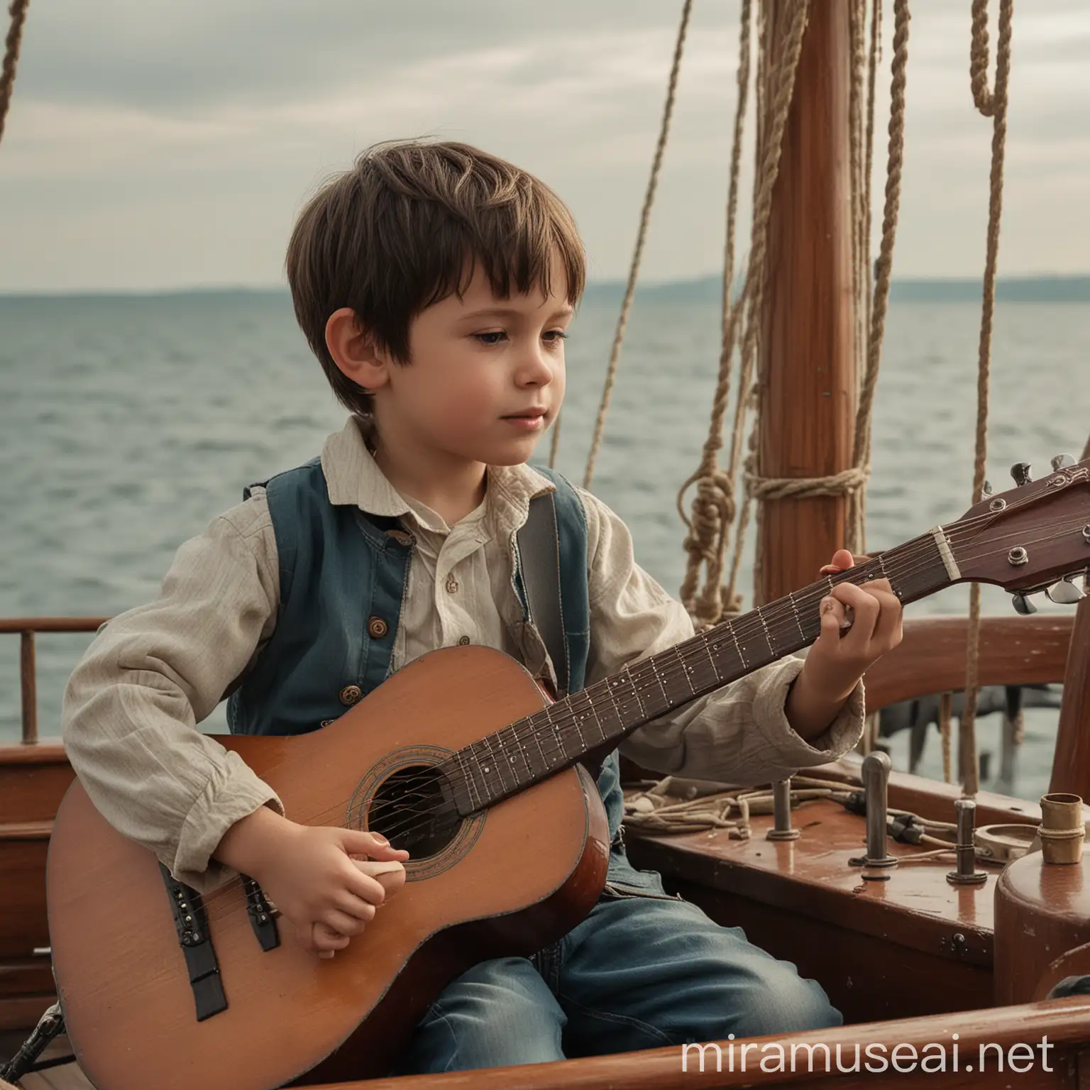 A little boy playing guitar in a a ship