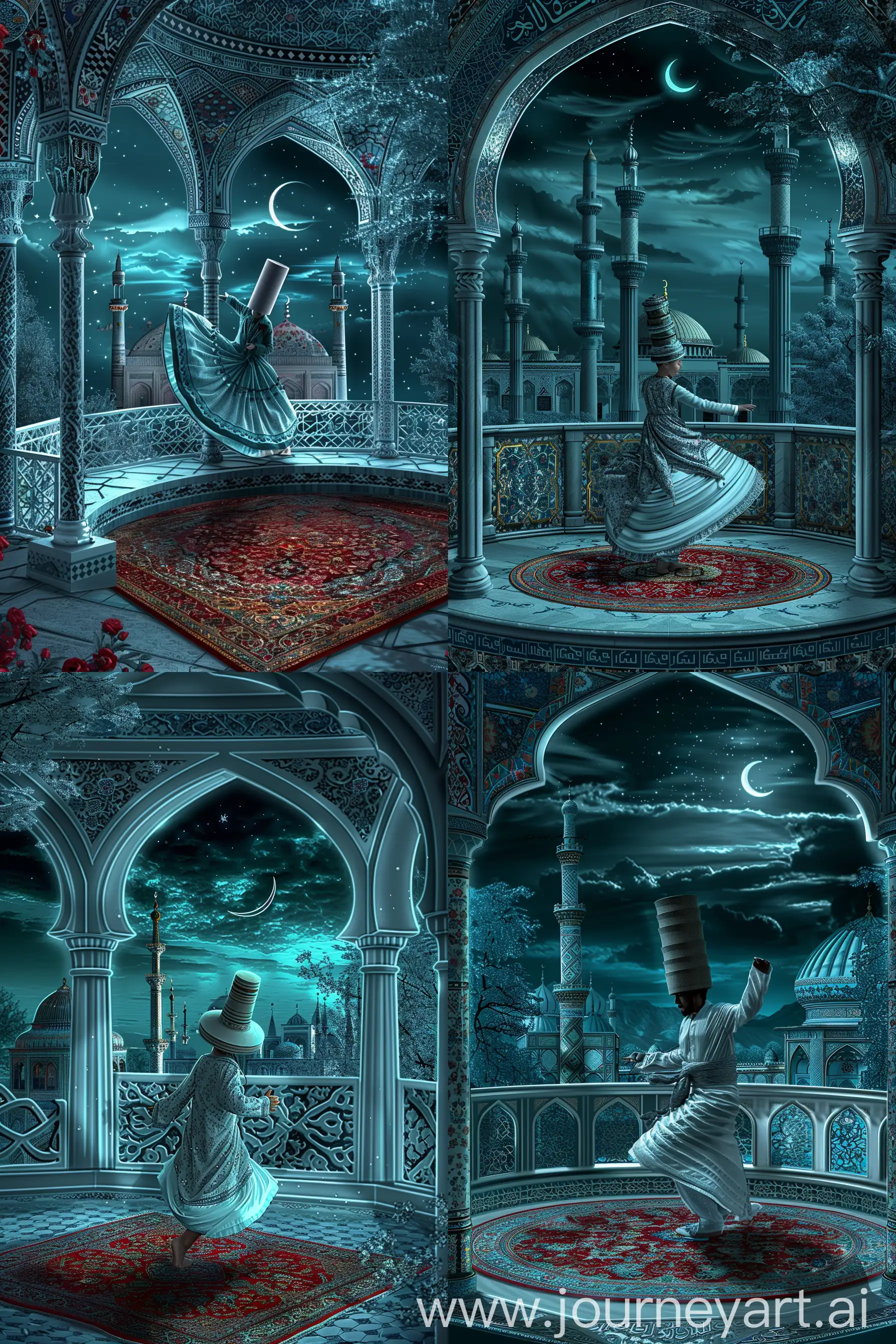 A young British dervish wearing tall cylindrical hat performing sufi whirling sema dance on a persian carpet, inside an octagonal balcony having three arches decorated with persian floral motifs, serene night sky with a crescent, view of Persian tiled mosque, White blue red golden --sref https://shorturl.at/f5t49 --ar 2:3