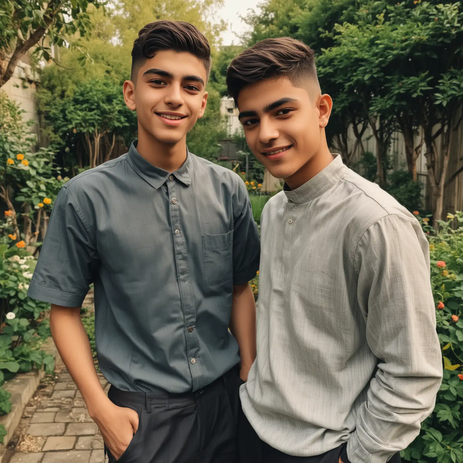 two brothers, one is around 20 years old, the other is around 14 years old, theyre race is persian, they have skin fade haircuts, they are wearing modern clothes, they are outside having fun in a garden
