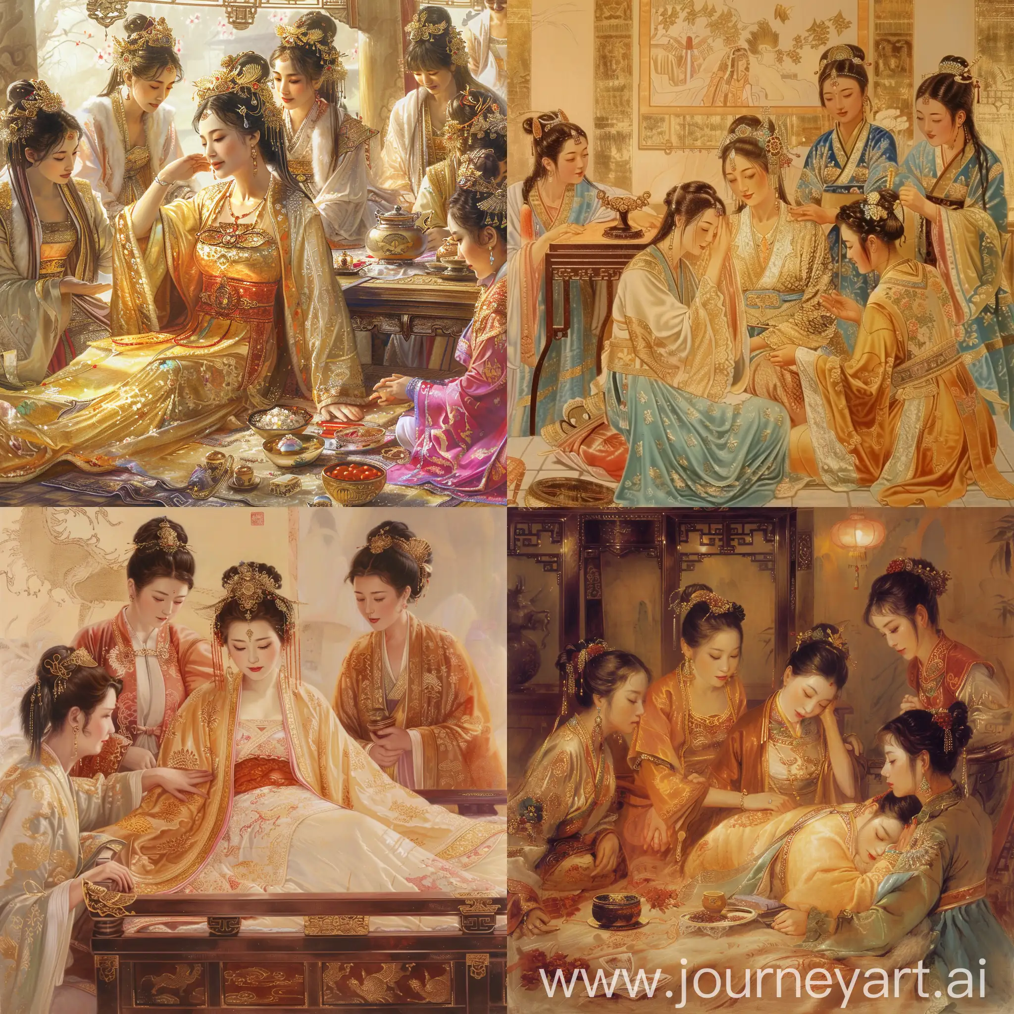 Chinese-Ancient-Queen-Resting-on-Luxurious-Bed-with-Palace-Maids