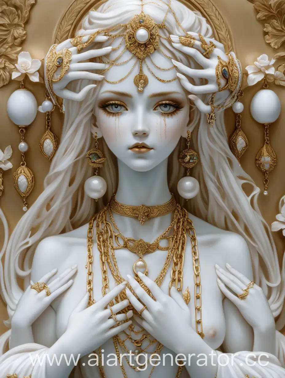 Фарфоровая богиня с тремя парами рук и жемчужными глазами. На ней есть золотые украшения и цепи.