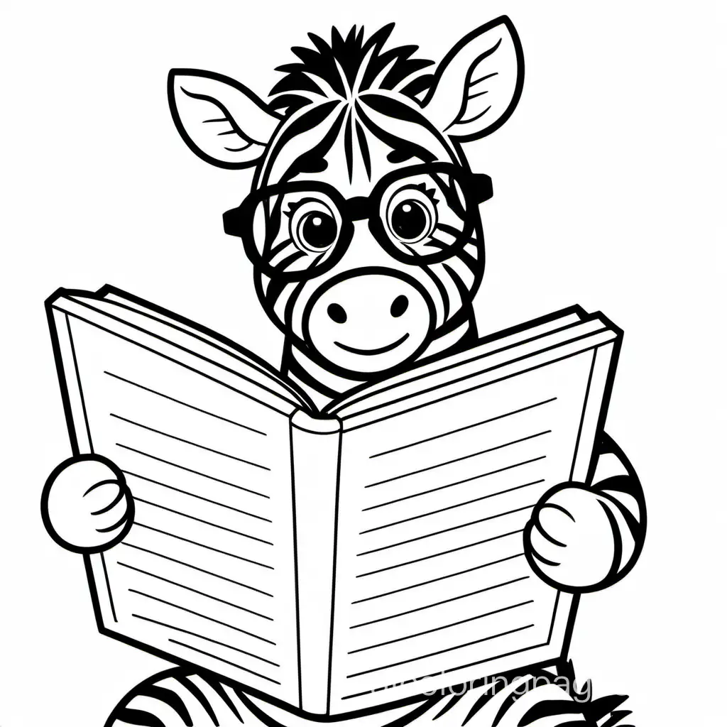 zebra wearing glasses reading a book, Coloring Page, black and white, line art, white background, Simplicity, Ample White Space. The background of the coloring page is plain white to make it easy for young children to color within the lines. The outlines of all the subjects are easy to distinguish, making it simple for kids to color without too much difficulty