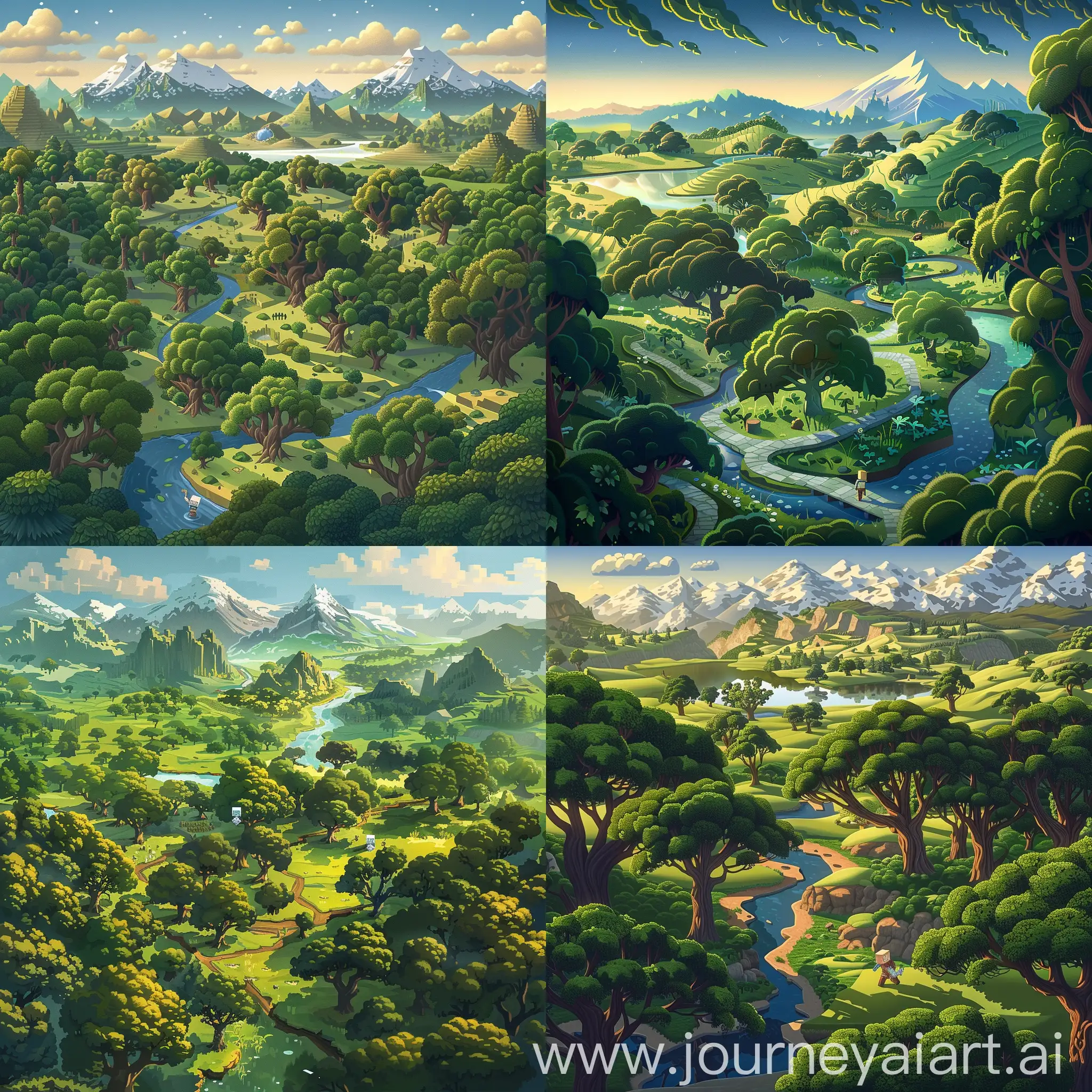 An intricate illustration depicting a Minecraft landscape at dawn, showcasing lush green hills, winding rivers, and towering mountains in the distance. In the foreground, a lone adventurer equipped with a diamond pickaxe navigates through a dense forest, surrounded by towering oak trees and vibrant foliage. The soft morning light filters through the canopy, casting dappled shadows on the forest floor. The adventurer's determined expression reflects their quest for precious diamonds as they carefully survey the landscape for the telltale signs of diamond ore veins. Nearby, a serene lake reflects the azure sky, adding a sense of tranquility to the scene. In the distance, the peaks of snow-capped mountains glisten in the early light, hinting at the potential riches hidden within their depths. The illustration captures the sense of exploration and discovery synonymous with the search for diamonds in the vast and varied world of Minecraft. 