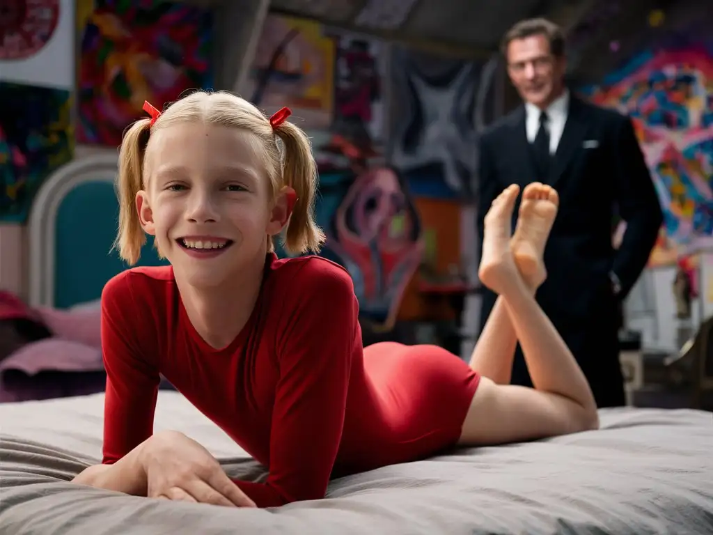 thin 14 year old blond man with hair tied in two bunches with red ribbons each side of head.

Wearing red leotard with bare legs and feet.  Smiling at camera.

Lying on a bed in a bedroom with 40 year old man in a black suit