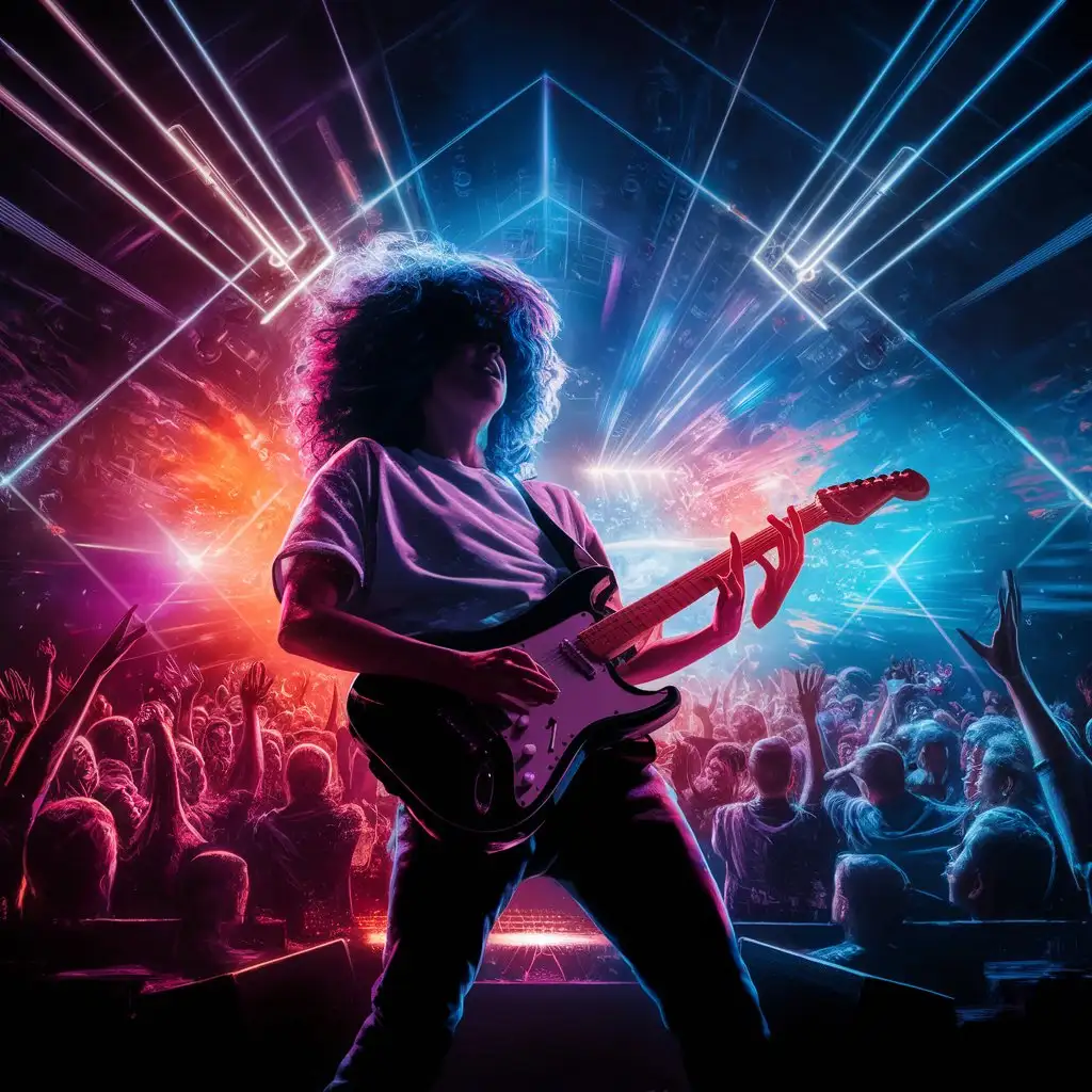 A digital artwork depicting a musician performing on stage with a colorful lightshow.