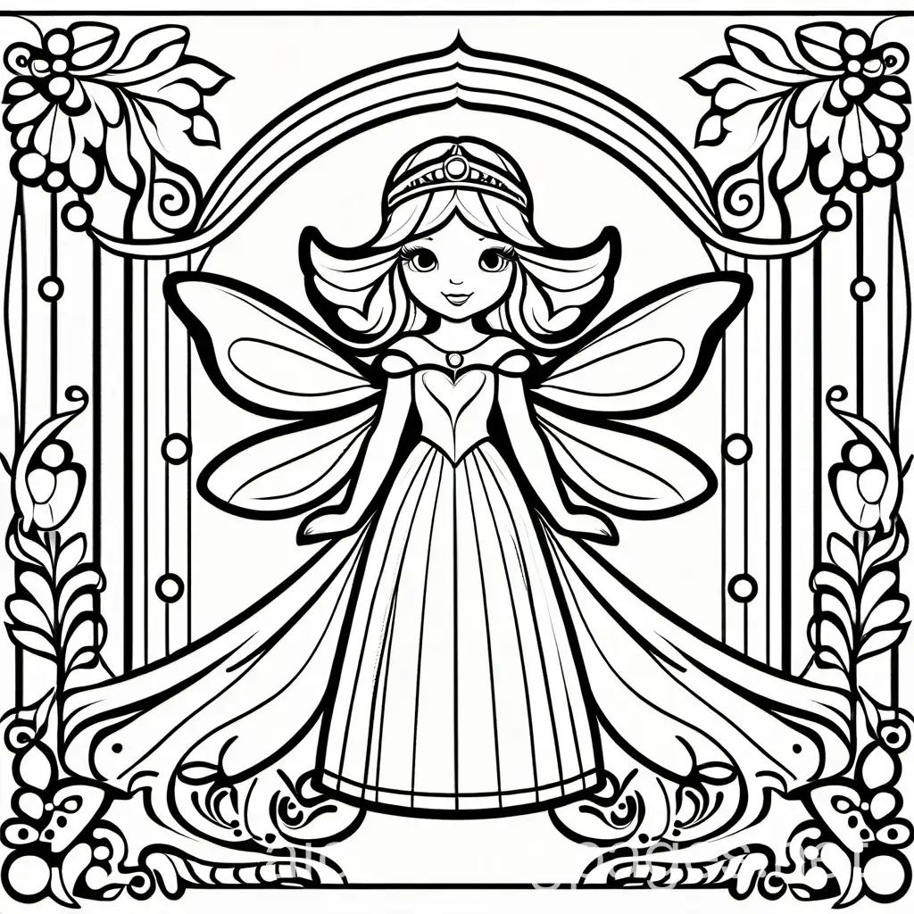 fairy princess, Coloring Page, black and white, line art, white background, Simplicity, Ample White Space. The background of the coloring page is plain white to make it easy for young children to color within the lines. The outlines of all the subjects are easy to distinguish, making it simple for kids to color without too much difficulty