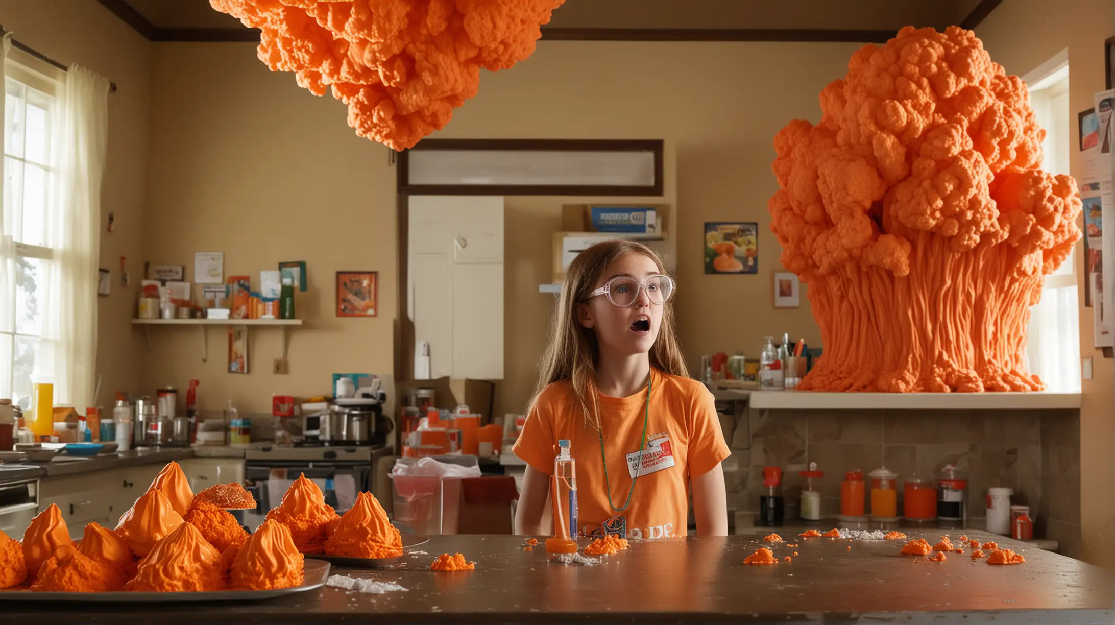 Interior, living room, afternoon light, 12-year-old girl standing in front of a freshly erupted science fair volcano, three feet tall. Orange foam cakes her clothes, the counter, stovetop and the ceiling. She blinks with wonder through lab glasses. 