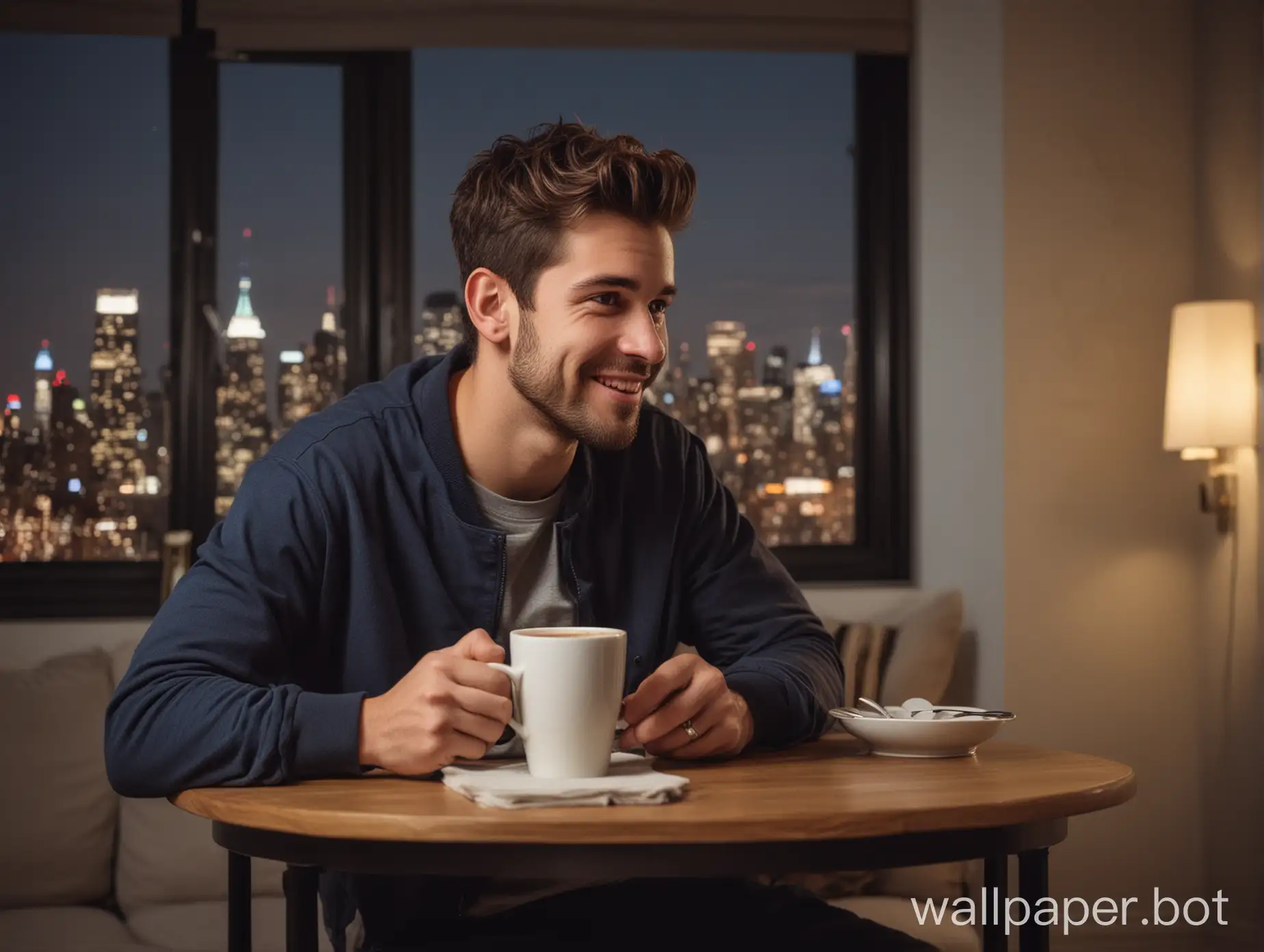 25 year old successful boy enjoying a coffee happily and have a proud contended look at his new york city apartment at nighttime