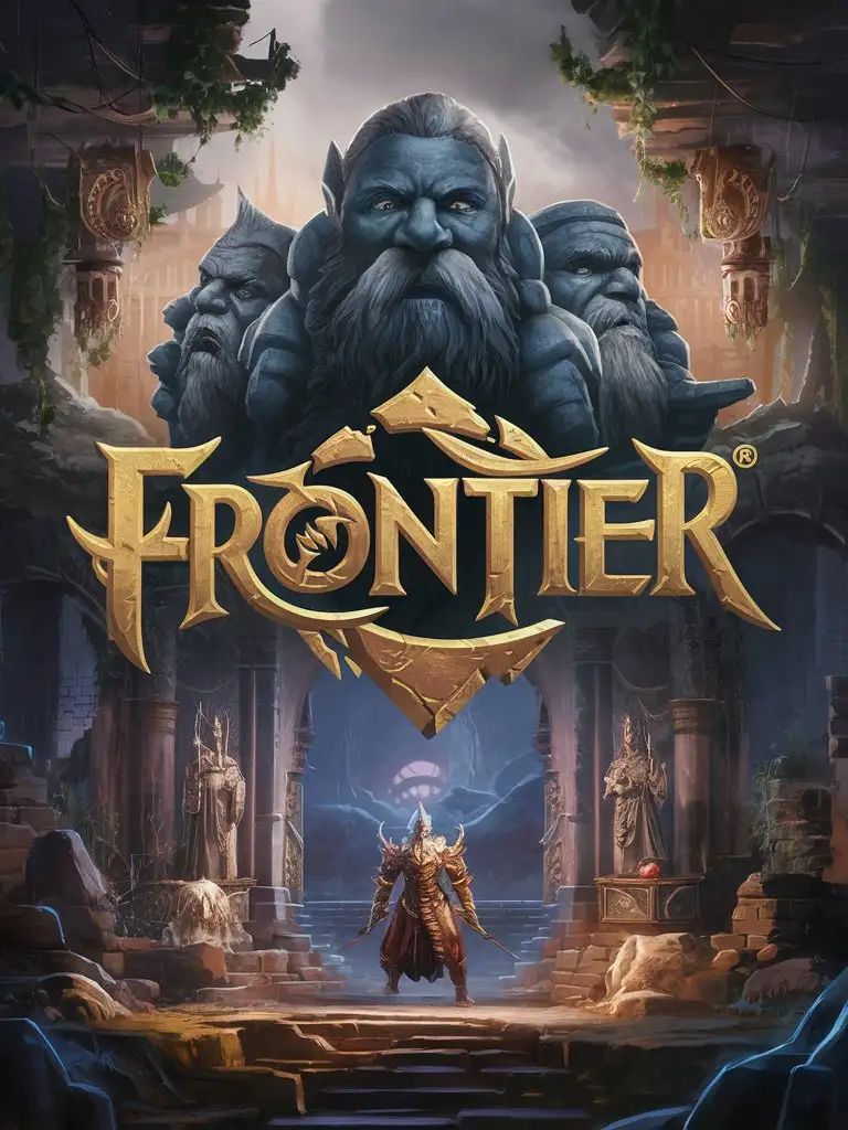 STYLIZED GAME ART WITH LOGO ONLY "FRONTIER" LOOMING STATUES, DWARVEN RUINS, ELVEN RELICS, PORTAL, SENTINEL WARDEN