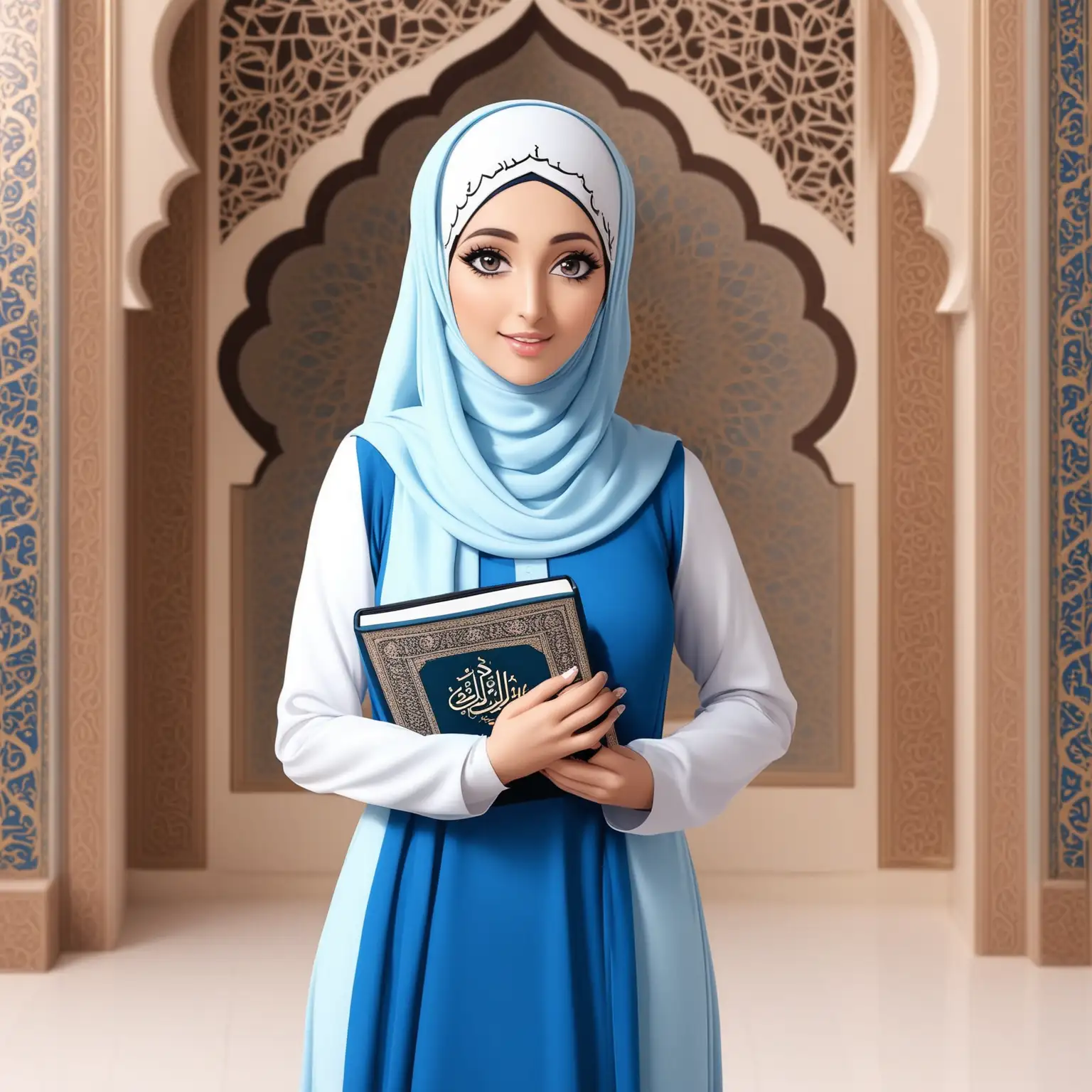 female quran teacher wearing white and blue dress