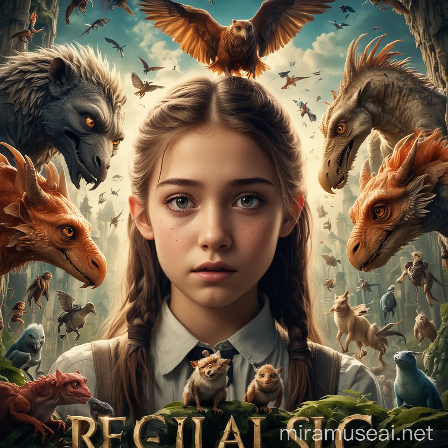 Realistic Teenager Fantasy Movie Poster with Diverse Creatures and Tension in the Air
