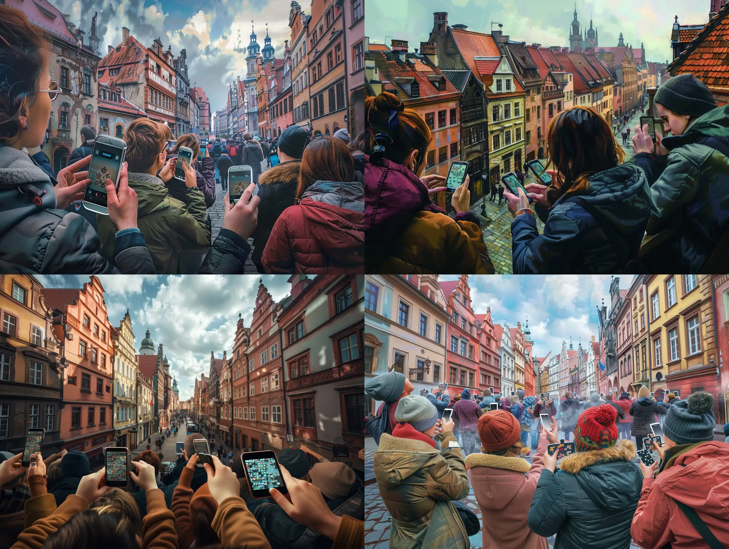 Grupa ludzi z telefonami komórkowymi w rękach rozwiązujących zagadki na tle zabytkowych ulic Starego Miasta w Wrocławiu, z widocznymi charakterystycznymi kamienicami i wąskimi uliczkami, w dynamicznej i pełnej emocji atmosferze, maksymalnie realistyczne odzwierciedlenie zdjęcia
