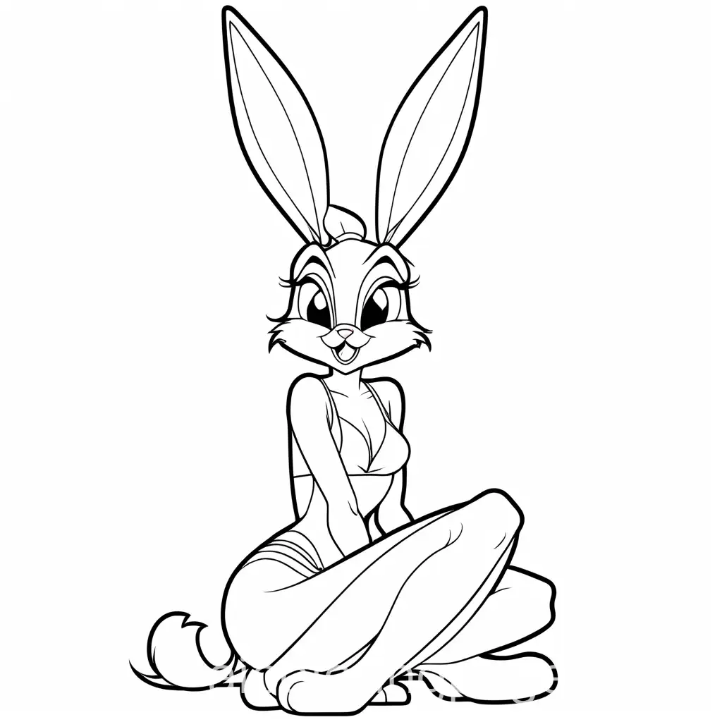 loony toons sexy lola bunny, in submissive position, Coloring Page, black and white, line art, white background, Simplicity, Ample White Space. The background of the coloring page is plain white to make it easy for young children to color within the lines. The outlines of all the subjects are easy to distinguish, making it simple for kids to color without too much difficulty