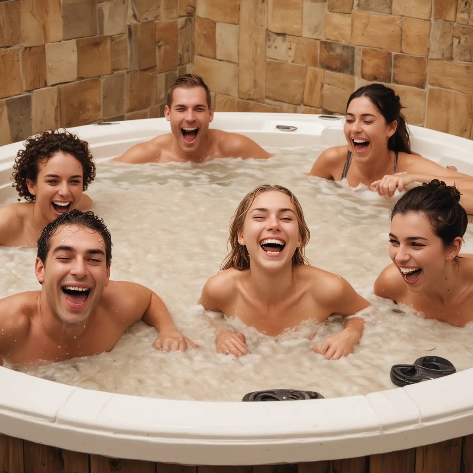 people laughing in a large hot tub full of oatmeal