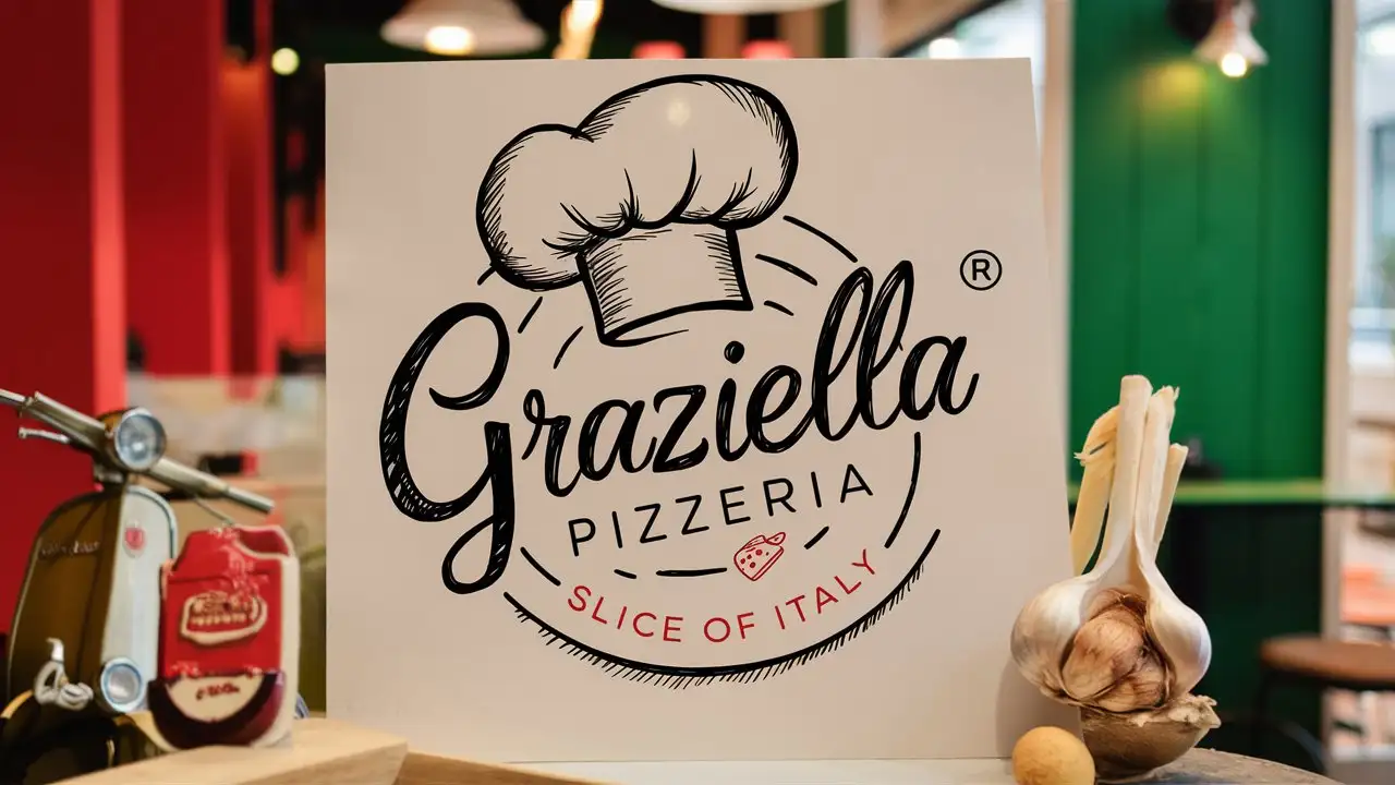 Handwritting Graziella Pizzeria logo, Restaurant logo, Italian colors, Chef hat sketch, Slogan, Slice of Italy, Italian decoration,