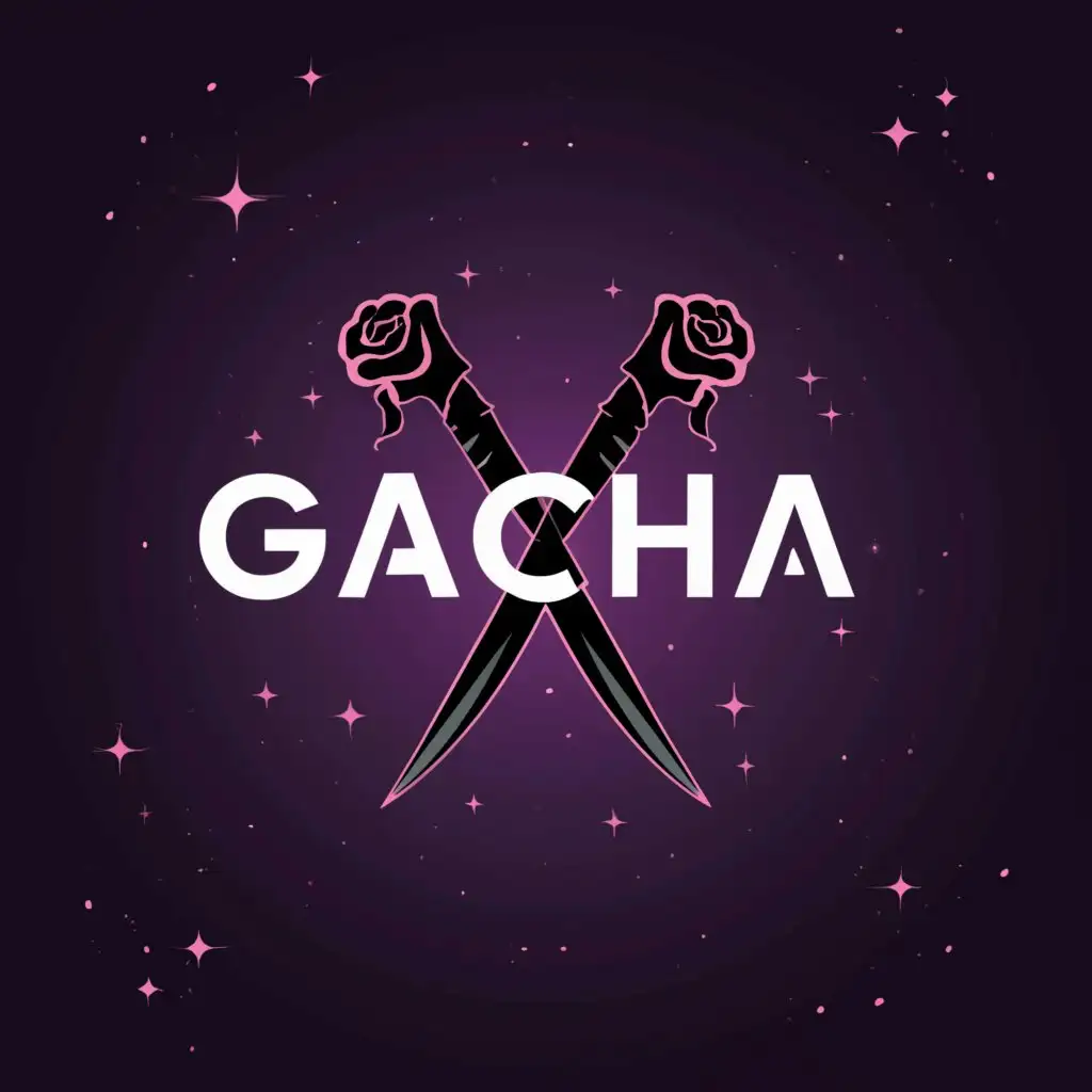 a logo design,with the text "Gacha Knife", main symbol:Knives, black roses, galaxy, dark colors,Minimalistic,clear background
