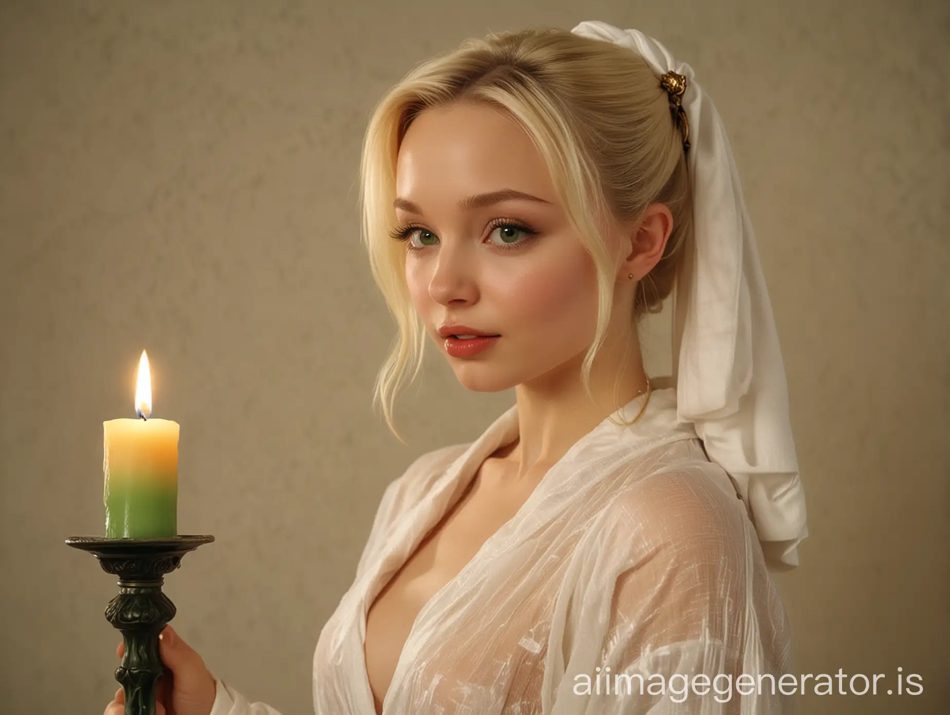 Sensual-Blond-Woman-in-1980s-Style-Sheer-Robe-Holding-Candlestick